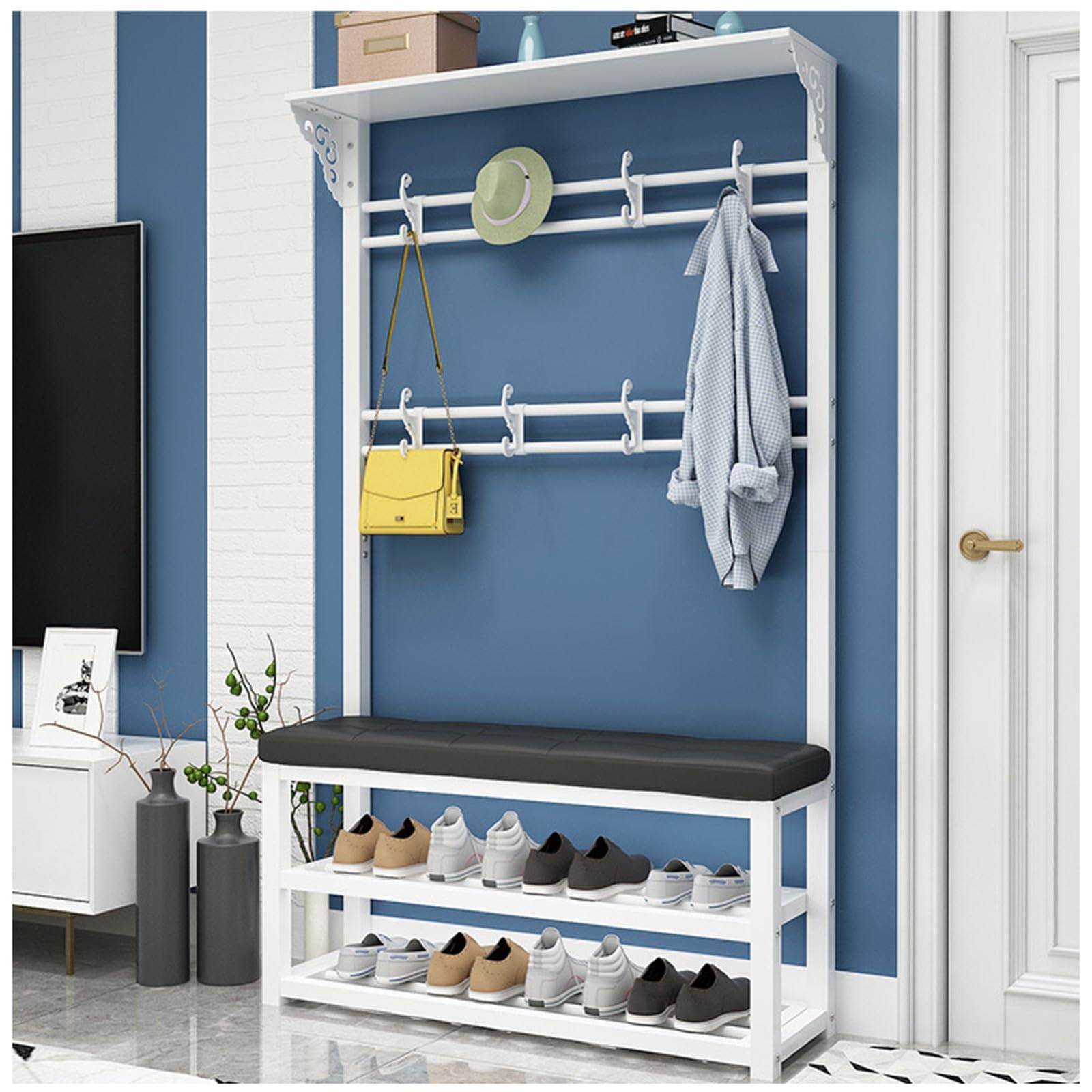 LWJSOCP Multifunctional Shoe Rack Bench with Coat Hanger 2 Tier Shoe Storage for Entryway Hallway Living Room 100CM Entry Furniture