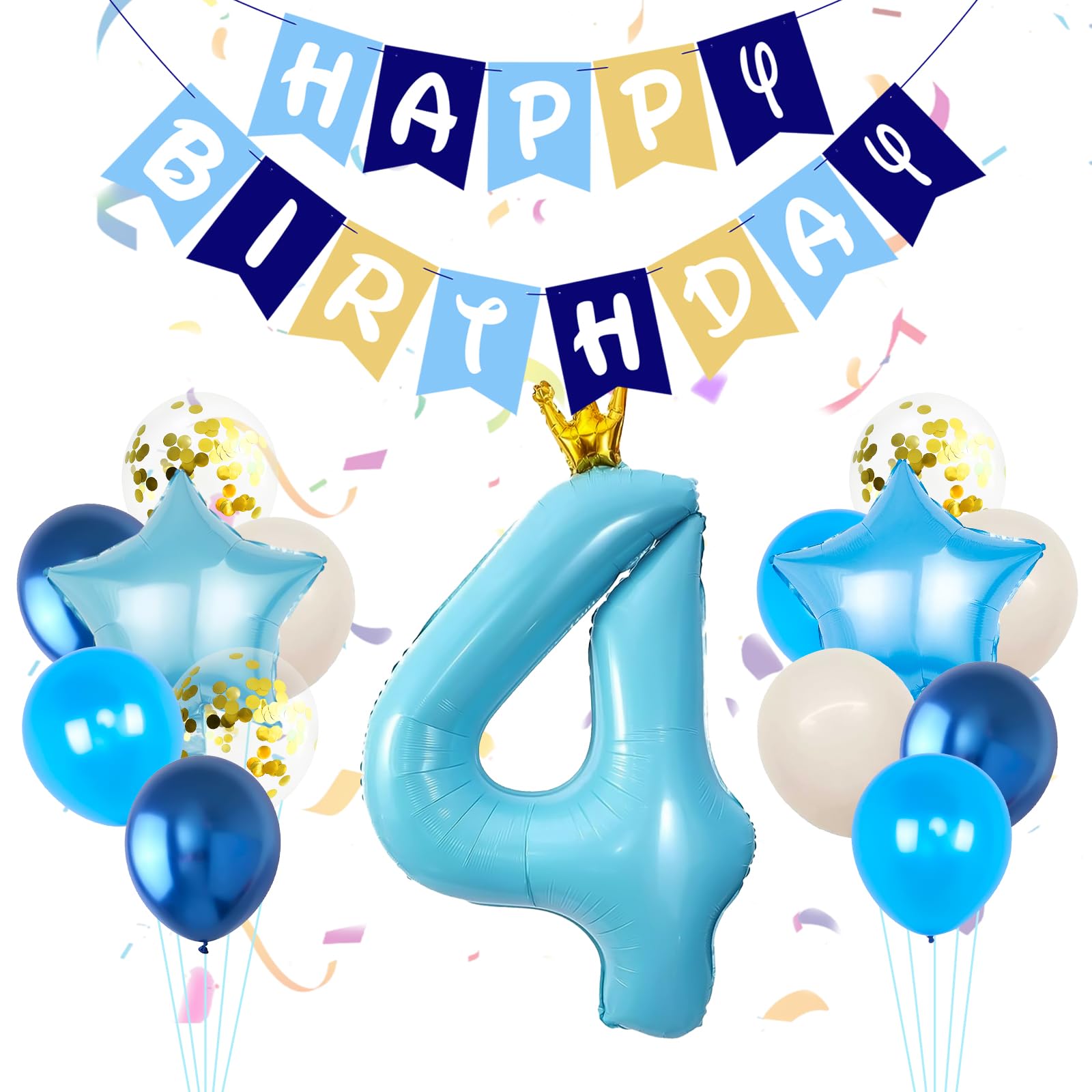 Happy Birthday Banner, 40 Inch Blue 4 Balloon Number with Crown, Gold Confetti Latex Balloon Star Mylar Balloons Birthdays Sign for Boy Girl Birthday