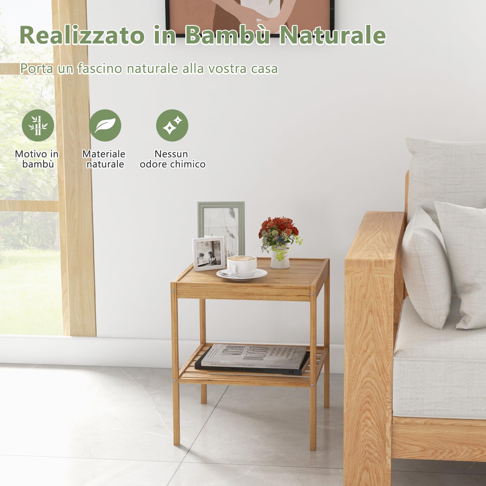 GYMAX Set di 2 Comodini in Bambù, Comodino a 2 Ripiani Portaoggetti, Set di 2 Tavolini Moderno da Soggiorno Camera da Letto, 40 x 40 x 45 cm, Naturale