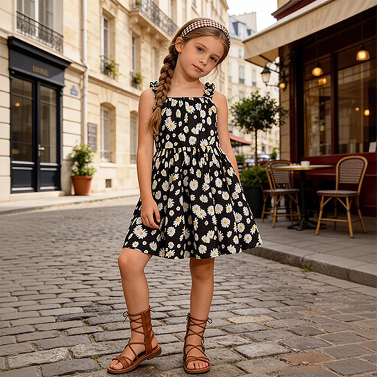 Girls Summer Dress Cute Daisy Floral Print Sleeveless Ruffle Strap Sundress A-Line Casual Swing Dress for Kids