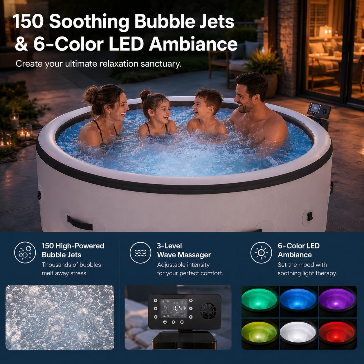 Spa Gonfiabile da Esterno 4-6 Persone, Piscina Idromassaggio 206 cm con 150 Getti di Bolle, Riscaldatore Acqua 40°C, 6 Colori LED, Vasca Massaggio Extra Robusta per Terrazza Giardino