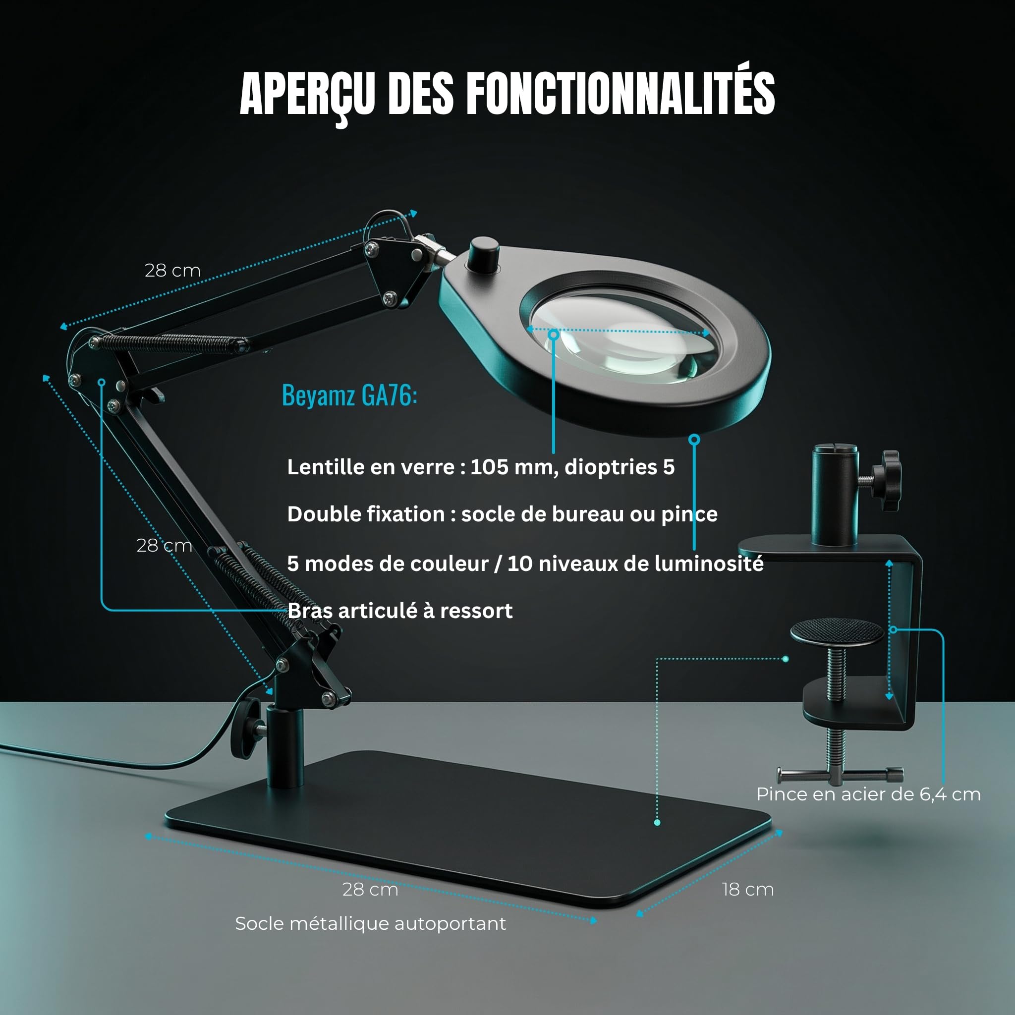 Lampe Loupe avec Support et Pince, Loupe 5X, LED à Intensité Variable et Double Support, pour Tâches de Précision