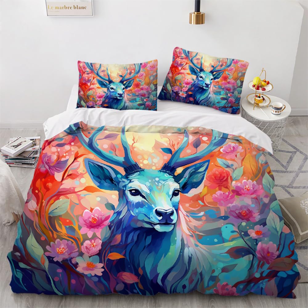 3D Printed Adult Bedding, Bedroom Decoration for Kids Teens, Deer Animal Quilt Room Decor, Quilt Cover, Flowers Watercolor Microfiber Fabric, Suitable for Children's Room, Guest Room California King