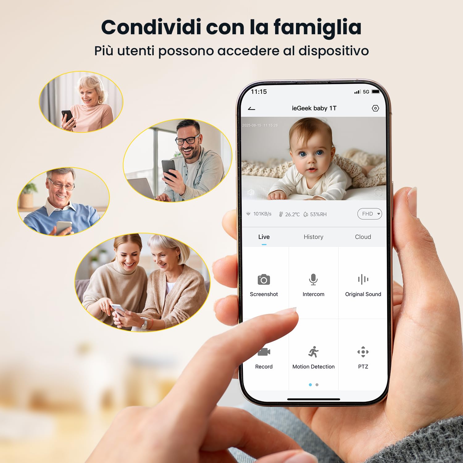 ieGeek Cámara Vigilancia Bebes 5" 2K/3MP, Baby Monitor con Vista 360° PTZ, Detección Movimiento y Llanto, Audio Bidireccional, Visión Nocturna, Temperatura, Regalo Recién Nacidos