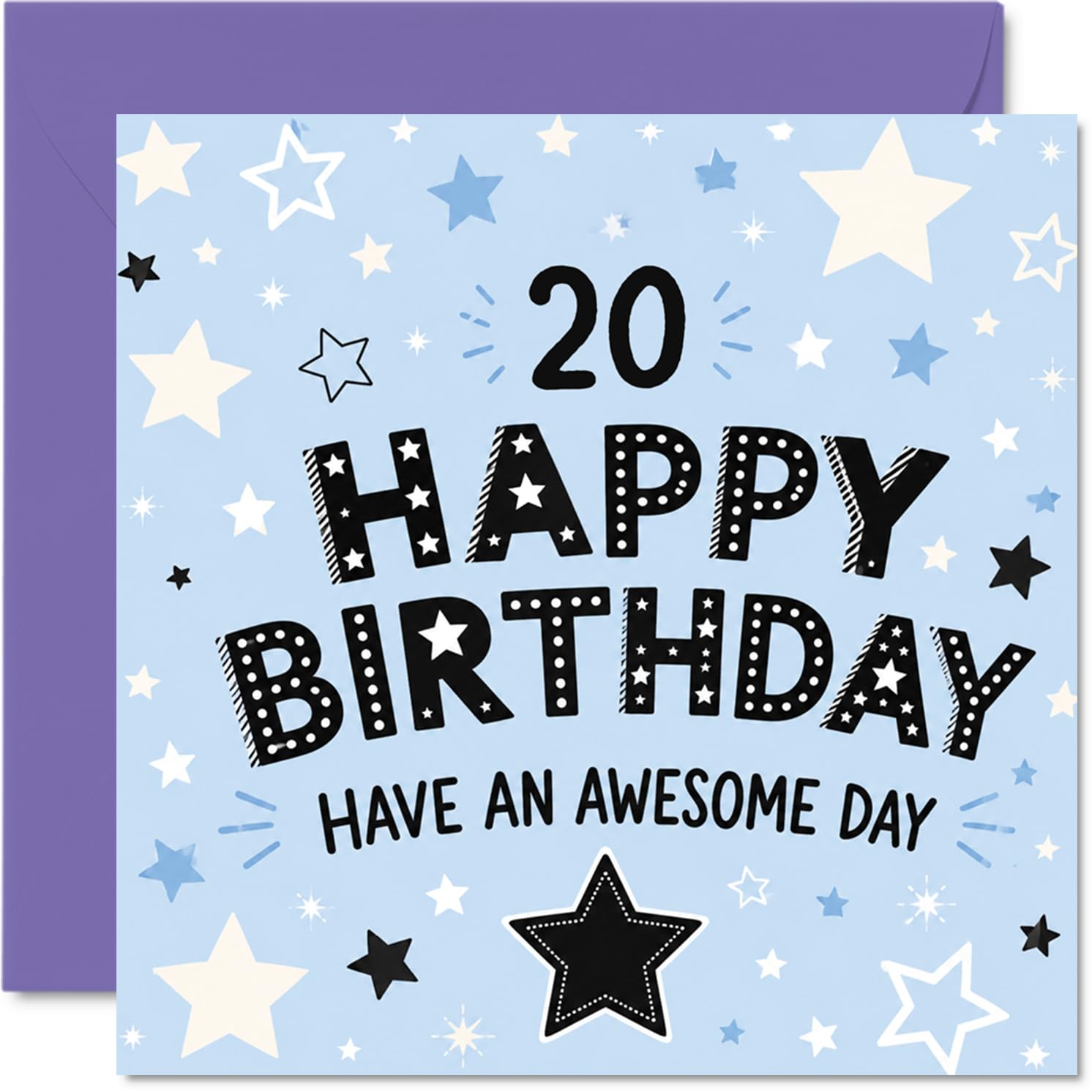 Milestone 20th Birthday Card - Bursting with Celebratory Stars - Bold 20th Birthday Design with Upbeat Message - 145mm Square, Envelope Included