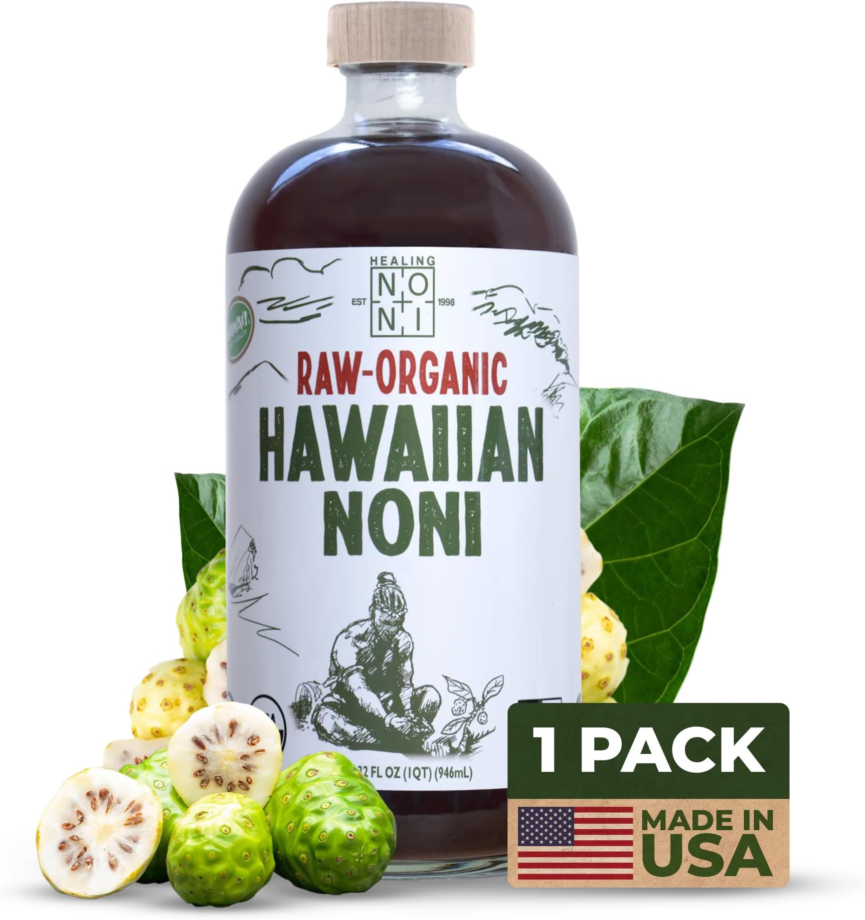 Healing Noni - 100% Pure RAW Noni Juice - USDA Organic, Premium Strength, Cold Pressed, Hawaiian-Grown Superfood - (32oz, 1 Pack)
