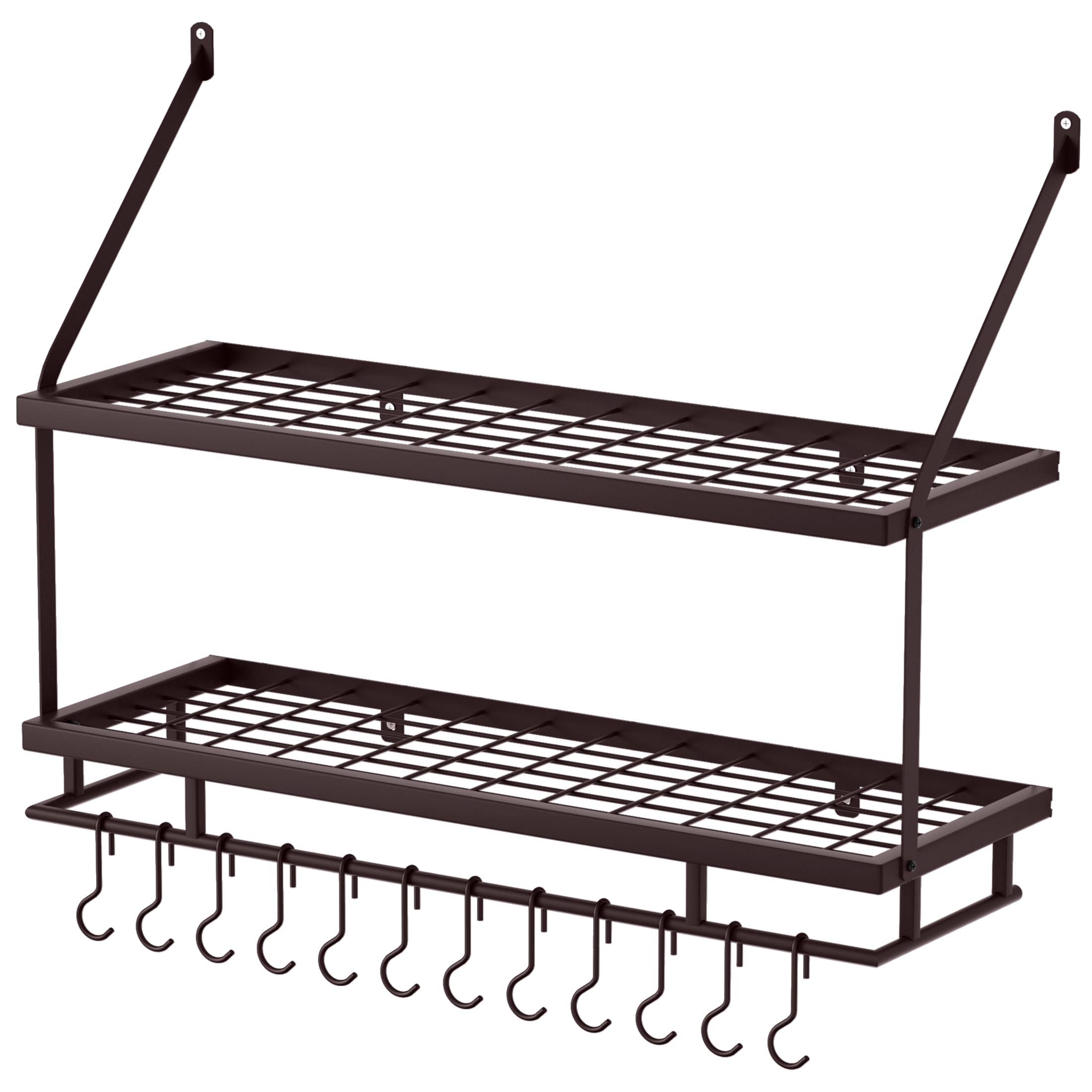 KES KUR215S75B-OB - Portapentole da parete in bronzo oliato, 76 cm, organizer a 2 ripiani per pentole e padelle con 12 ganci robusti, mensole appendiabiti da parete per cucina, stile rustico
