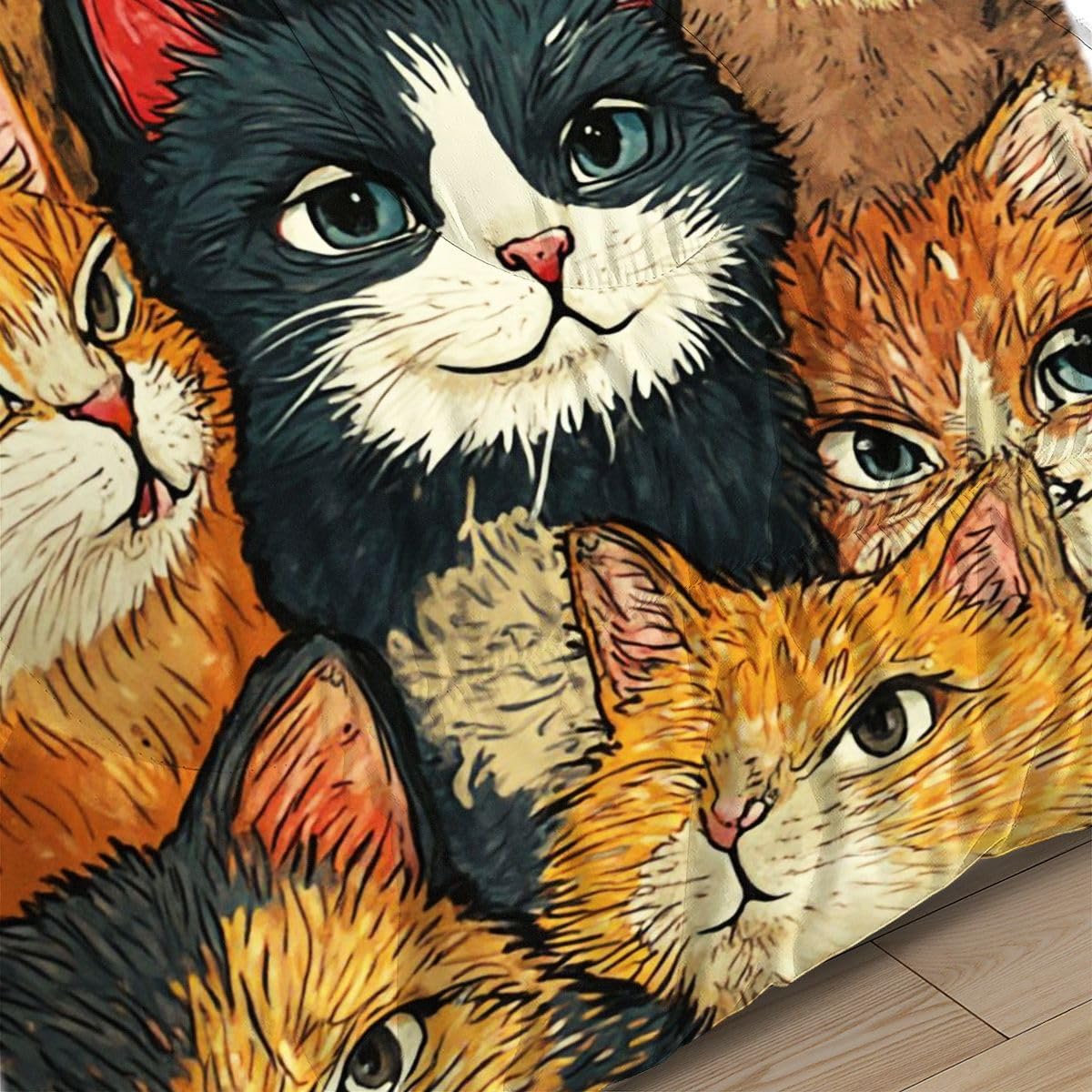 Edredón 135x200 cm Gato De Dibujos Animados, Reversible Juego de Cama 135x200 en Microfibra, 3D Impresión Nórdico con 2 Funda de Almohada 50x75