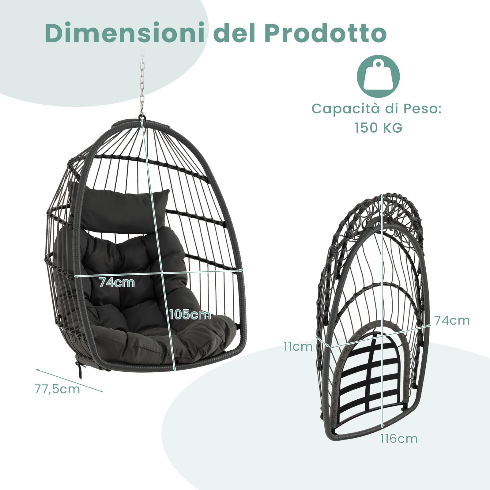 GYMAX Sedia a Uovo Sospesa, Sedia a Dondolo Senza Supporto con Comodo Cuscino per la Testa e Morbido Cuscino, Sedia a Uovo Sospesa in Vimini Pieghevole per Interni ed Esterni