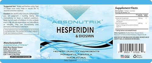 Miniatura 8 de Absonutrix Gotas líquidas de hesperidina y diosmina, 593 mg 4 onzas, fácil absorción, ayuda a mejorar la movilidad, apoya la circulación, fabricado
