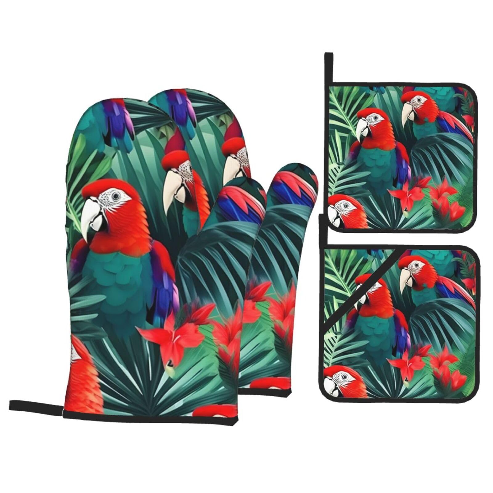 Tropical Flower Parrot Print 4-Piece Oven Microwaving Set Waterproof Kitchen Gloves for Baking Grilling Cooking