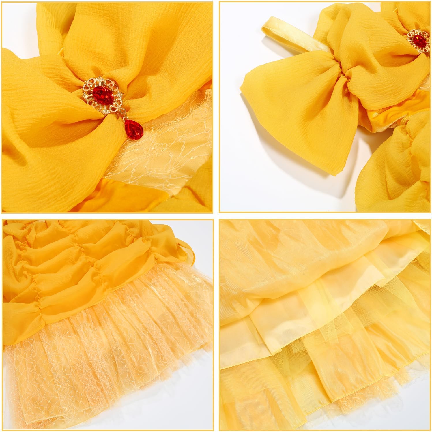 Princess Costume Kid Girl Halloween Dress Yellow Velvet Ball Gown, Crown Wand Oversleeves Bag Red Rose 3-11Years - Image 4