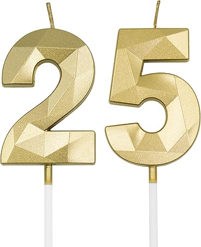 Velas de cumpleaños número 25 y 52 para pastel, velas doradas con forma de diamante 3D con forma de diamante, decoraciones de cumpleaños,