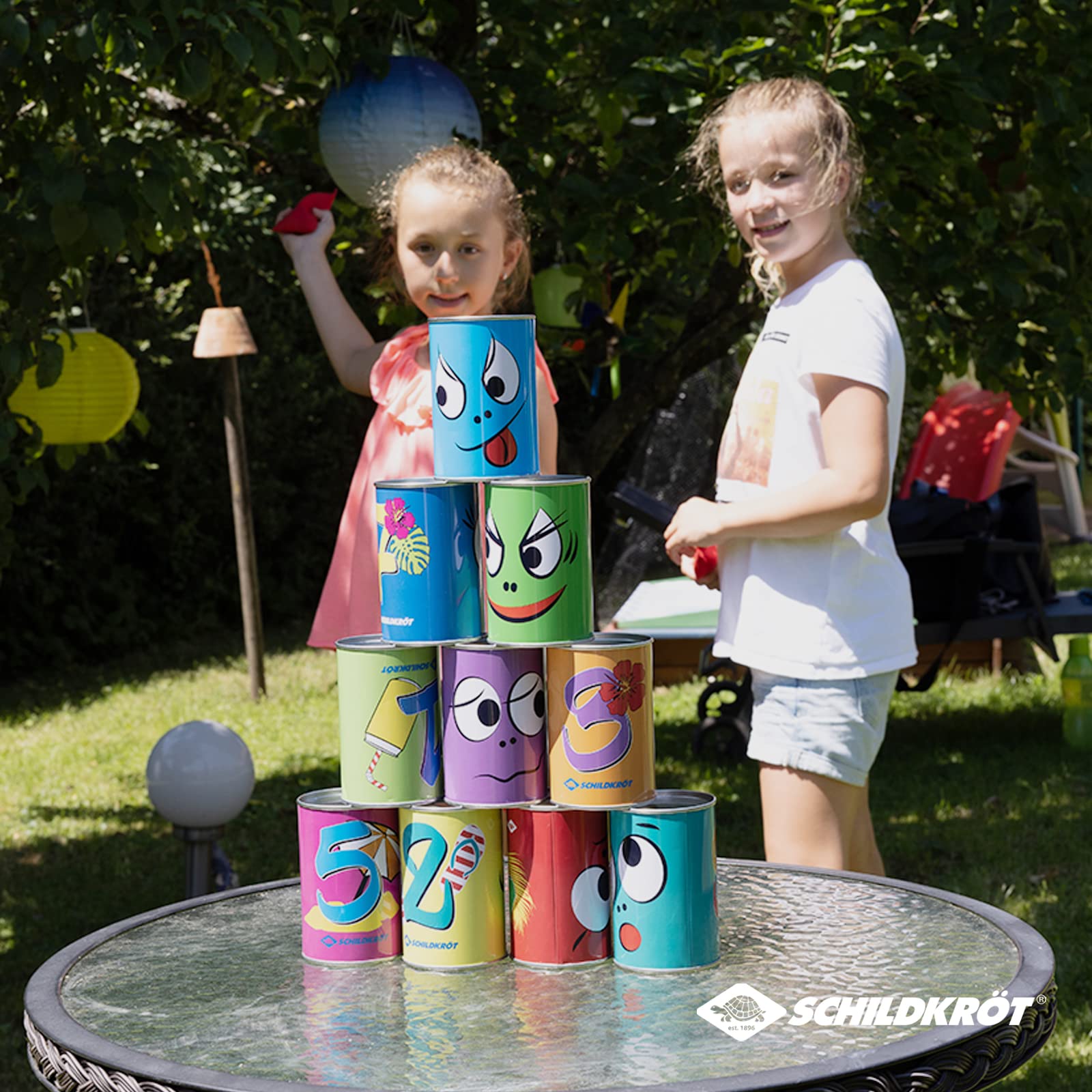 Schildkröt Gioco del Lancio della Lattina per Feste di Compleanno di Bambini, Gioco da Giardino, 10 Lattine di Metallo e 3 Sacchetti, per Interni ed Esterni