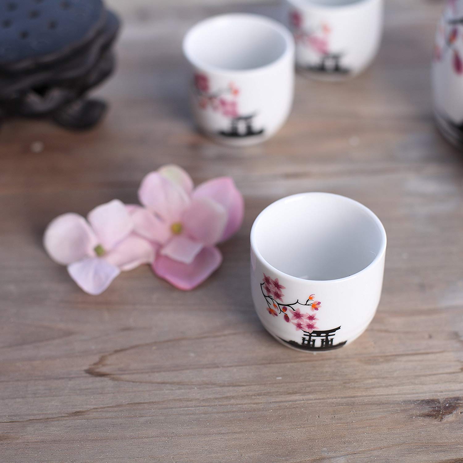 Lawei Set di sake giapponese in ceramica, 5 pezzi, motivo: fiori rosa