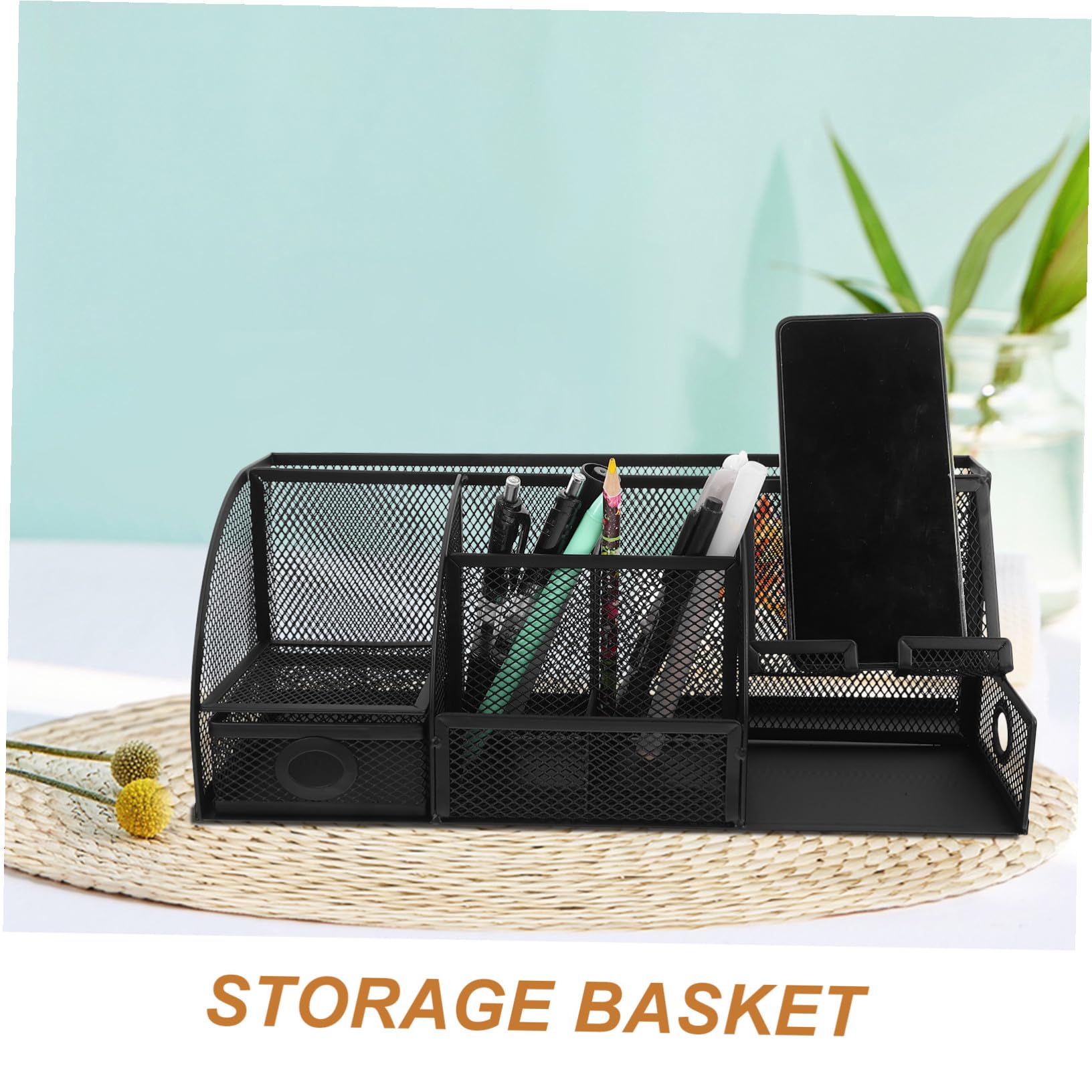 Metall Schreibtisch Organizer mit Mesh Stiftehalter für Bürobedarf Aufbewahrungsbox aus Eisen Platzsparend Modern (33,5 X 14 CM)