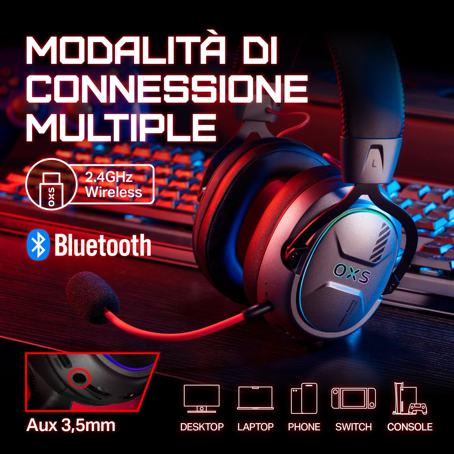 OXS Storm G2 Cuffie da Gioco Wireless, Audio Surround Virtuale 7,1, 3 Modalità EQ, Bassa Latenza 2,4 GHz, Driver da 50 mm, Luce RGB, Bluetooth 5.3, Compatibile con PC, Console, Cellulare, Nero