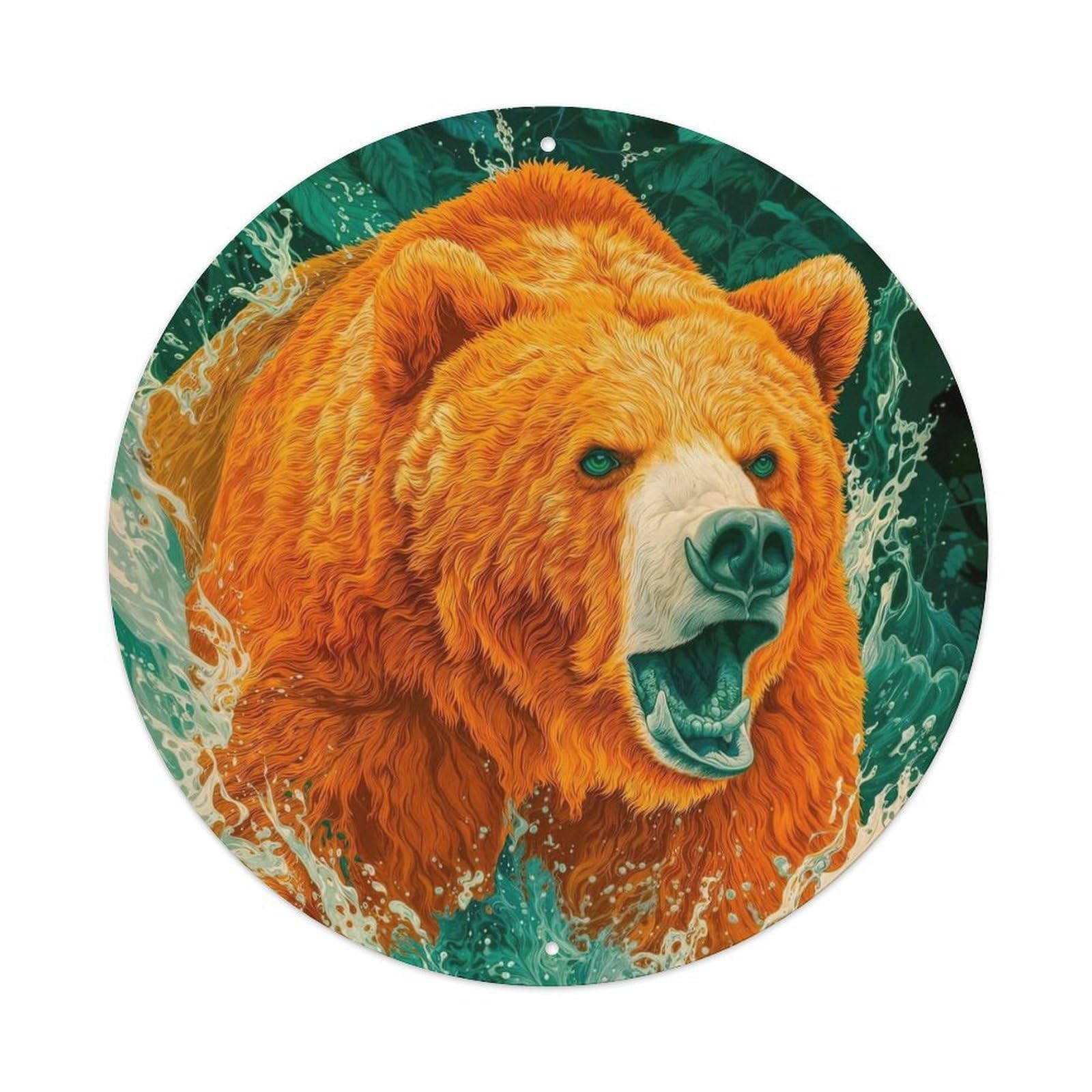 Animal Brown Bear Roaring in River Water Splash Wilderness Forest Wildlife Illustration Vintage Metal Tin Sign Plaque Wall Decor for Cafe, Club Bar, Office, Garden Metal Poster 8x8Inch
