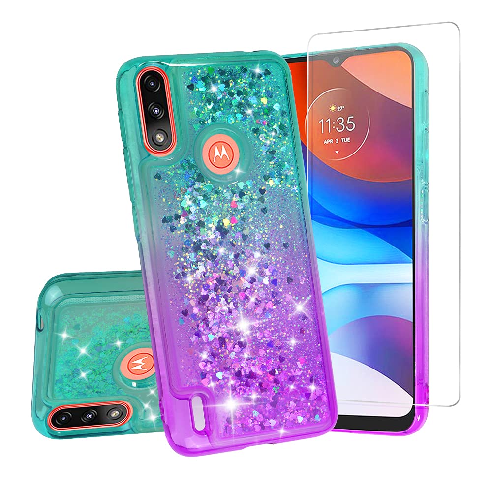 SOGA Compatible for Motorola Moto E7 Power Case/Moto E7i Power Case with Tempered Glass Screen Protector Diamond Liquid Quicksand Cover Cute Girl