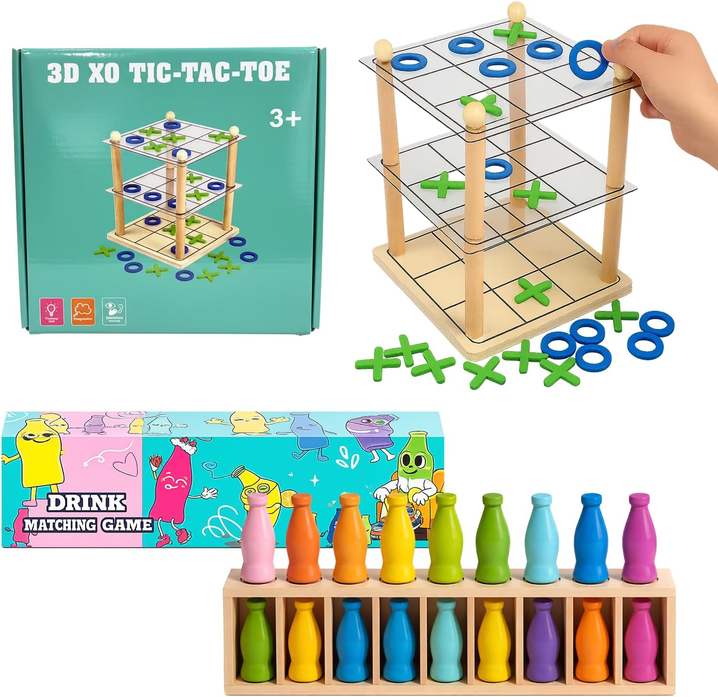 Wooden Board Games Set | Match The Bottle Color & Bottle Collision Game + 3D Tic Tac Toe Game | Family Night, Travel Camping Party Games for Kids & Adults