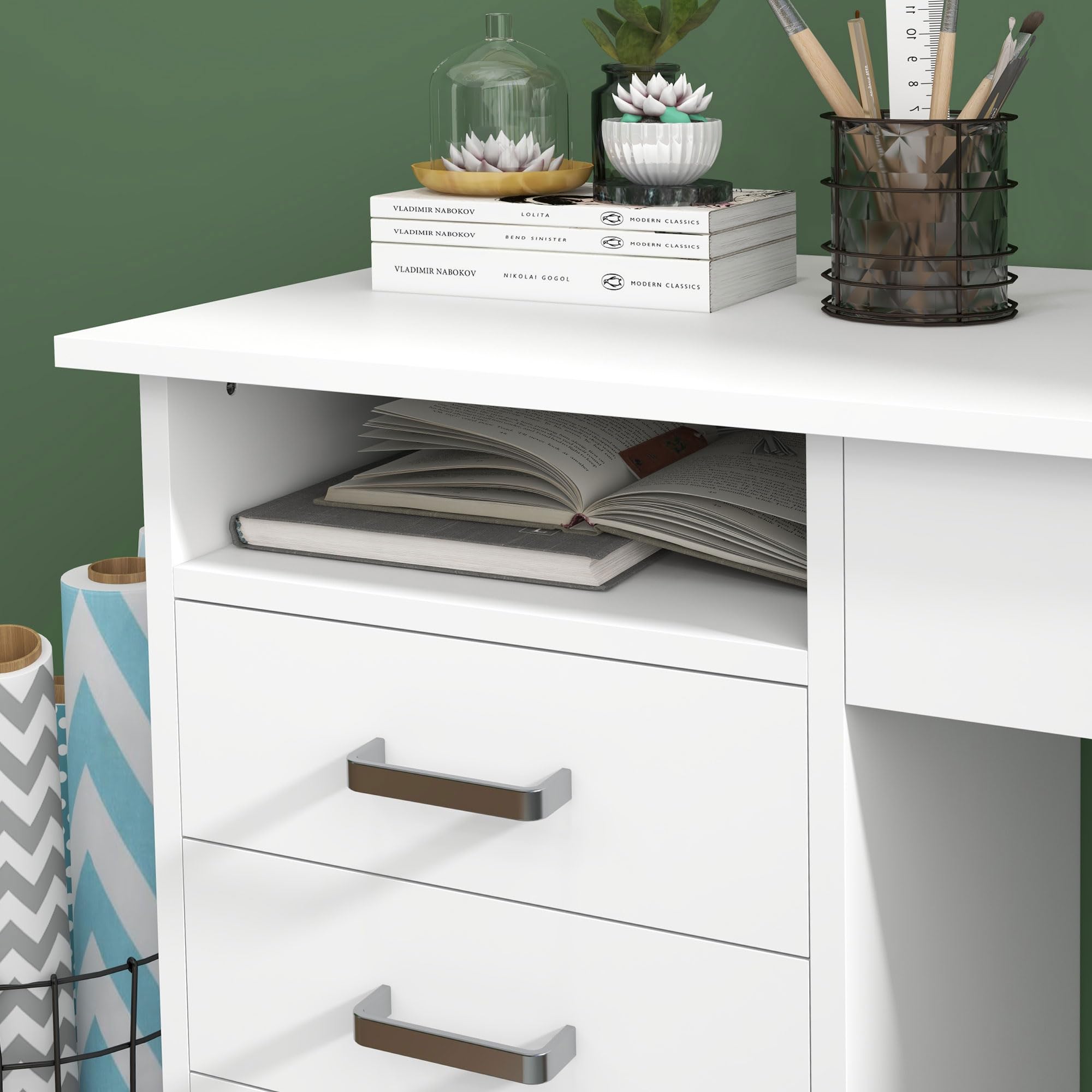 HOMCOM Scrivania Moderna con 5 Cassetti per Ufficio 110x50x76cm Bianco | Scomparto Aperto, Scrivania per Studio, Serratura con 2 Chiavi