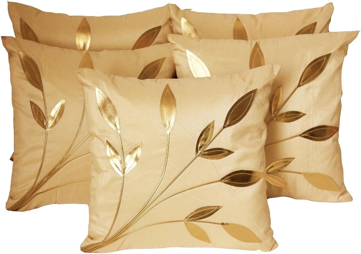 CIDIZY Golden Floral Cushion Covers, 16x16 Inch, Cream Beige, Set of 5