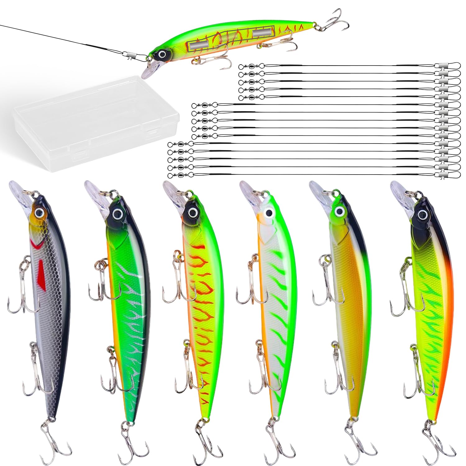 6 x 22G/14CM Floating Minnow Pike Fishing Lures, ABS Plastic Pike Lures with High-Carbon Steel Treble Hooks. Includes 15 Bite-Resistant Line Clips (15/25/30CM). for Medium to Large Predatory Fish