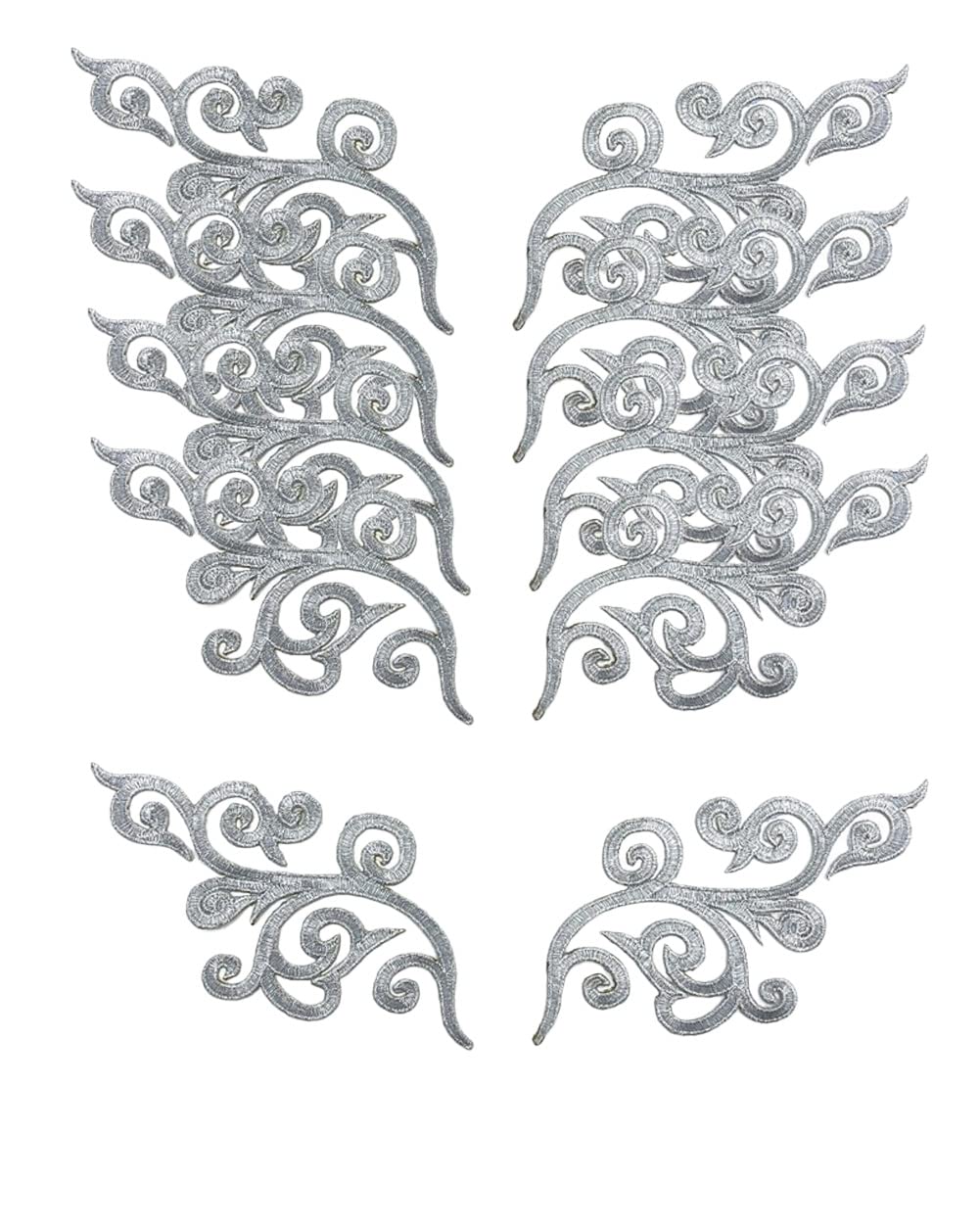5 Pairs Embroidered Fancy Baroque Applique Swirl Iron on Patches Scroll Badge with Gold Trimming for Wedding Gown Dress Shoe Shirt Borders (Silver)