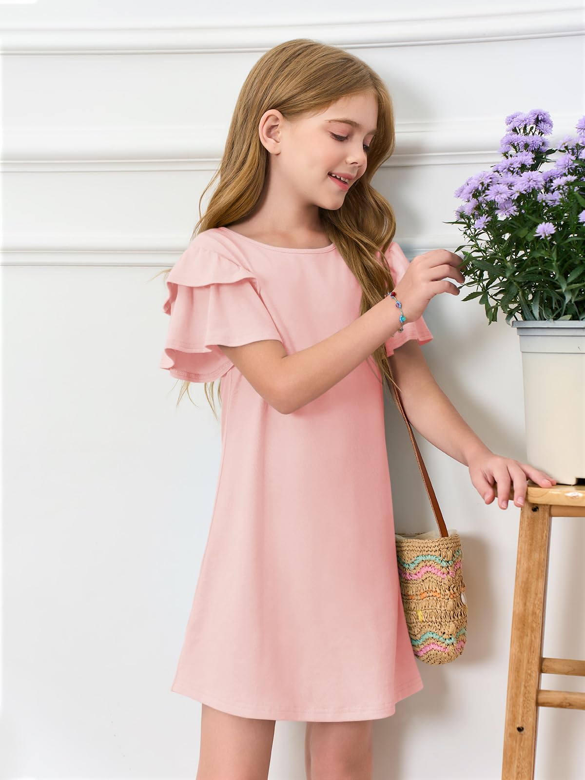 Vestido de niña con mangas con volantes cuello redondo verano línea A monocolor elegante fiesta cumpleaños boda