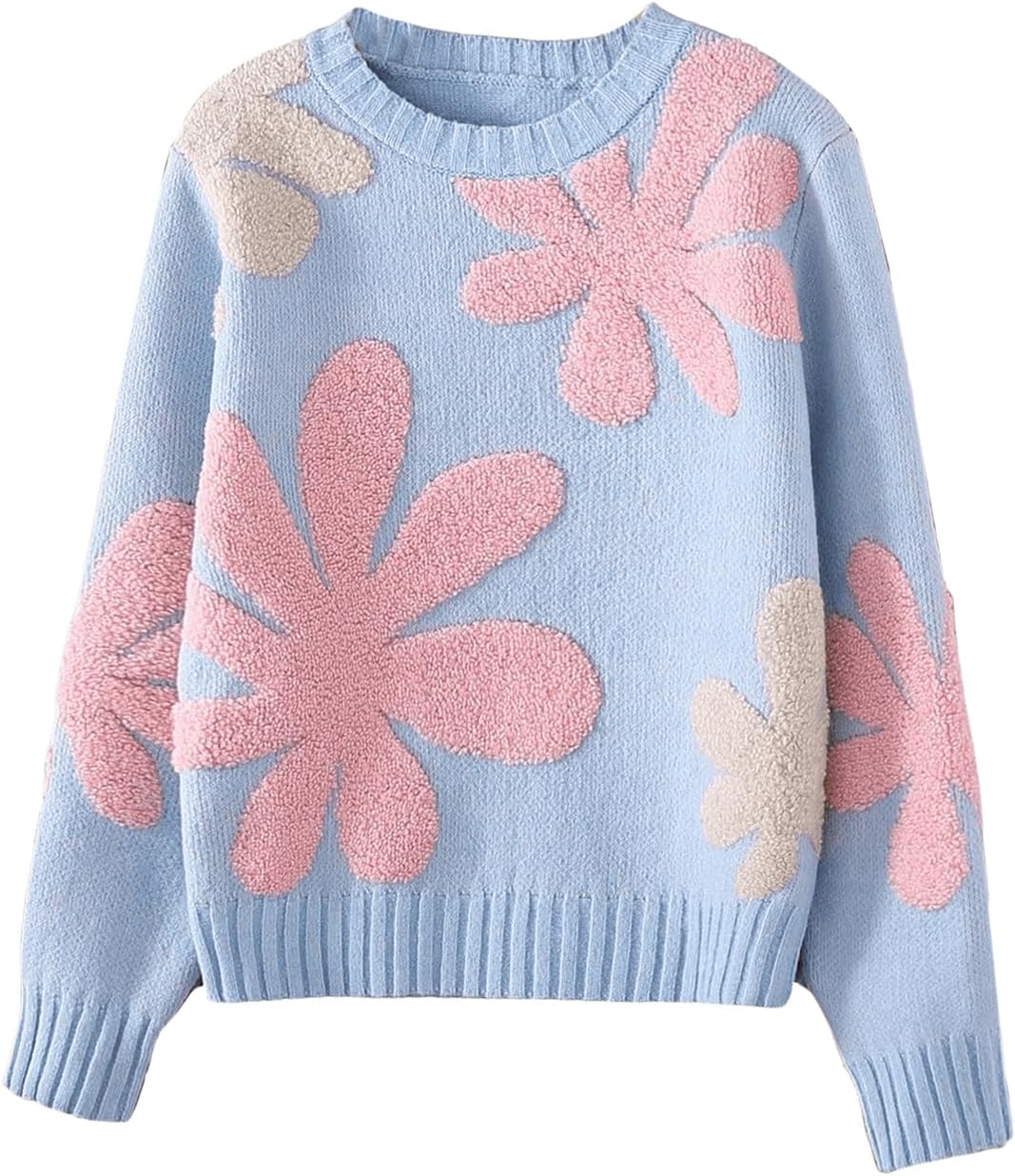 Girl's Floral Print Crew Neck Loose Sweater Long Sleeve Vintage Pullovers Sweater Jumper Tops