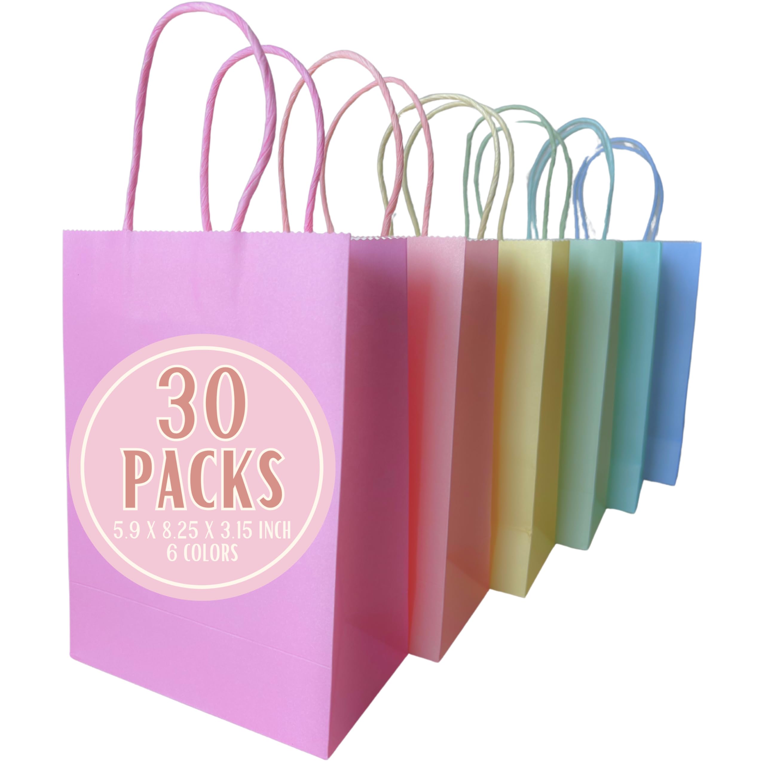 Bon et Beau Bolsas de regalo de papel arcoíris pastel, 30 paquetes, 6 colores surtidos, 5.9 x 8.25 x 3.15 pulgadas, pequeñas bolsas de papel kraft con asas, perfectas para cumpleaños, baby showers