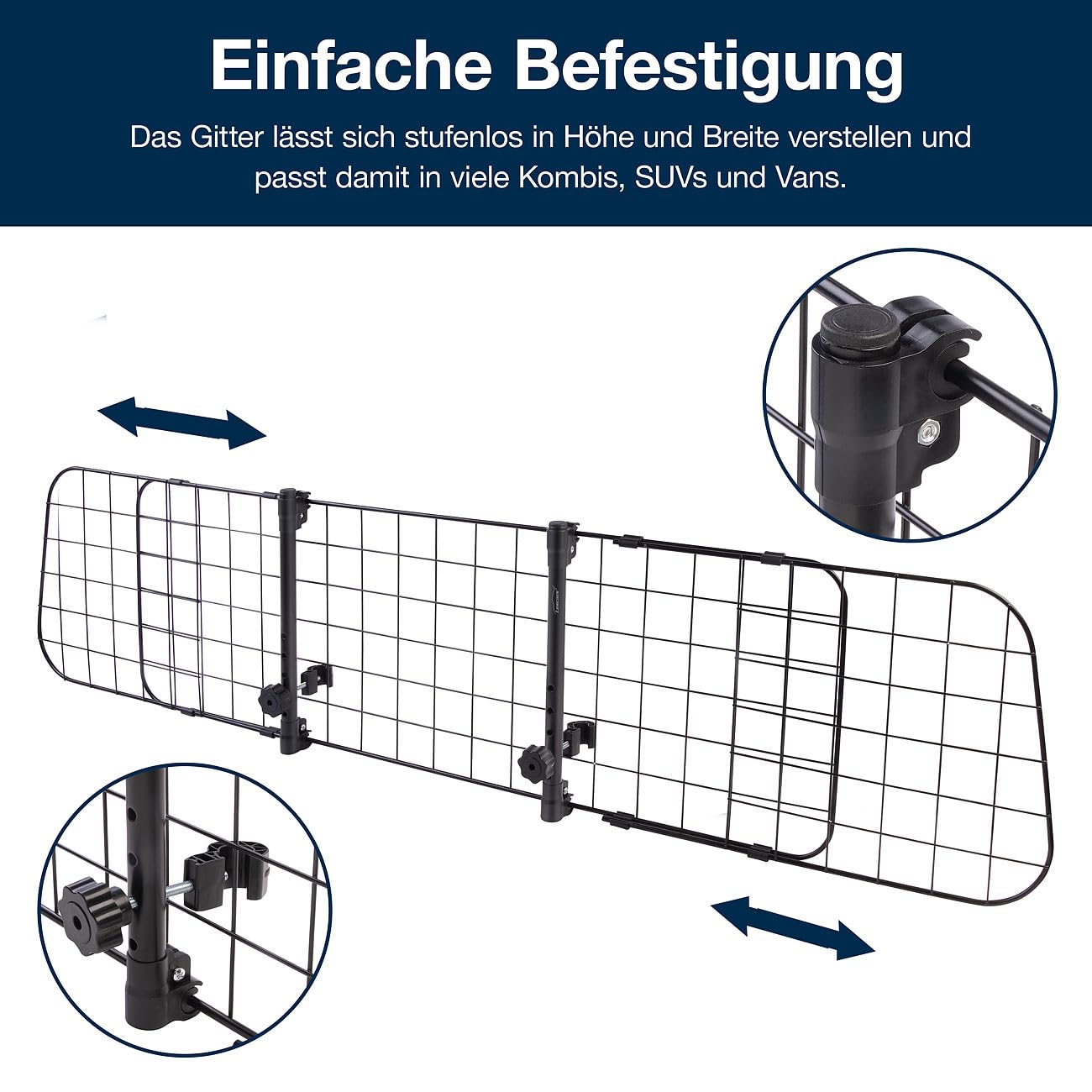 Lescars Hundegitter: Universal Kofferraum-Trenngitter für Hunde, stufenlos verstellbar (Hundegitter Auto Kofferraum, Absperrgitter Hund, Golf)