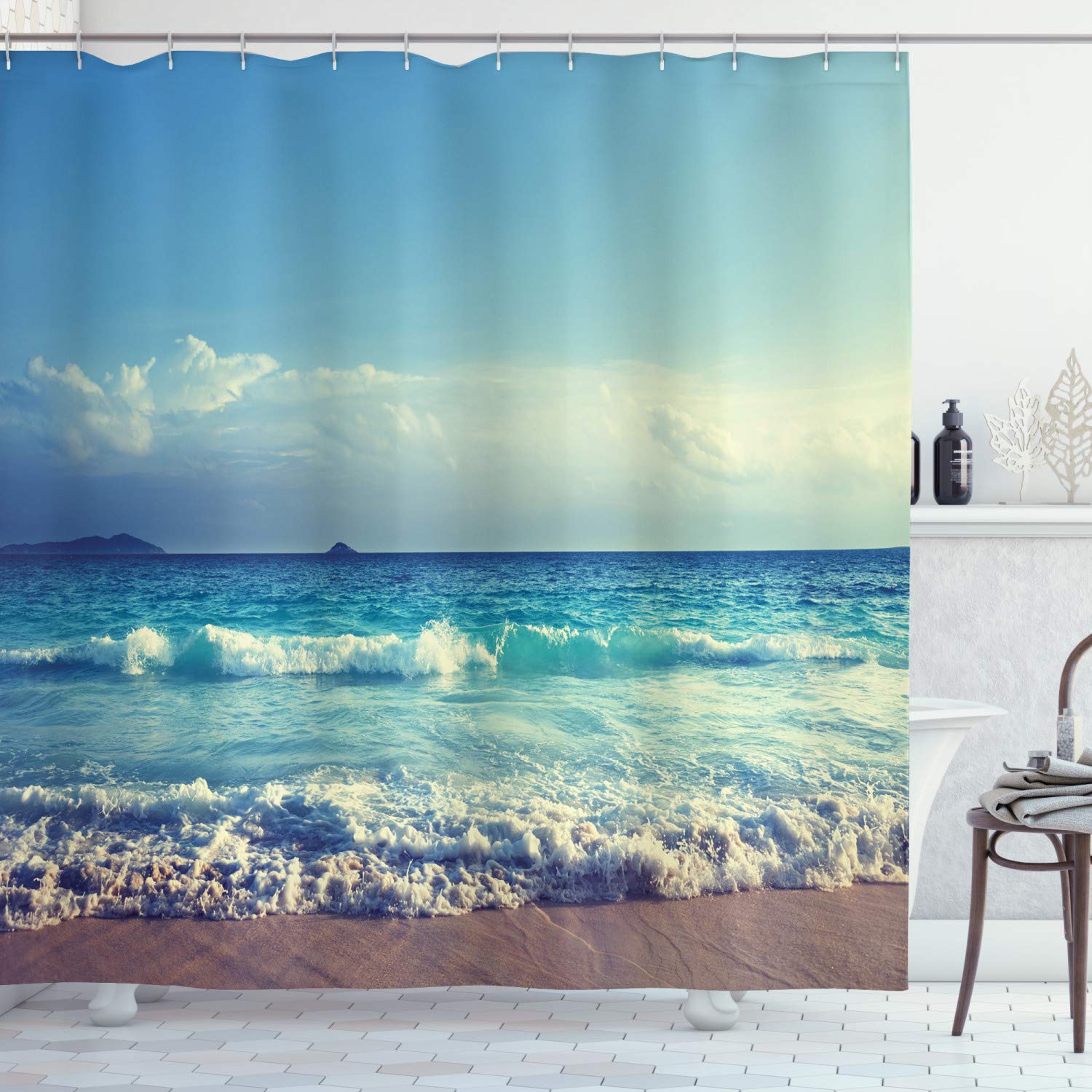 ABAKUHAUS Tropical Island Shower Curtain, Ocean Waves on Seychelles Beach at the Sunset Time Skyline