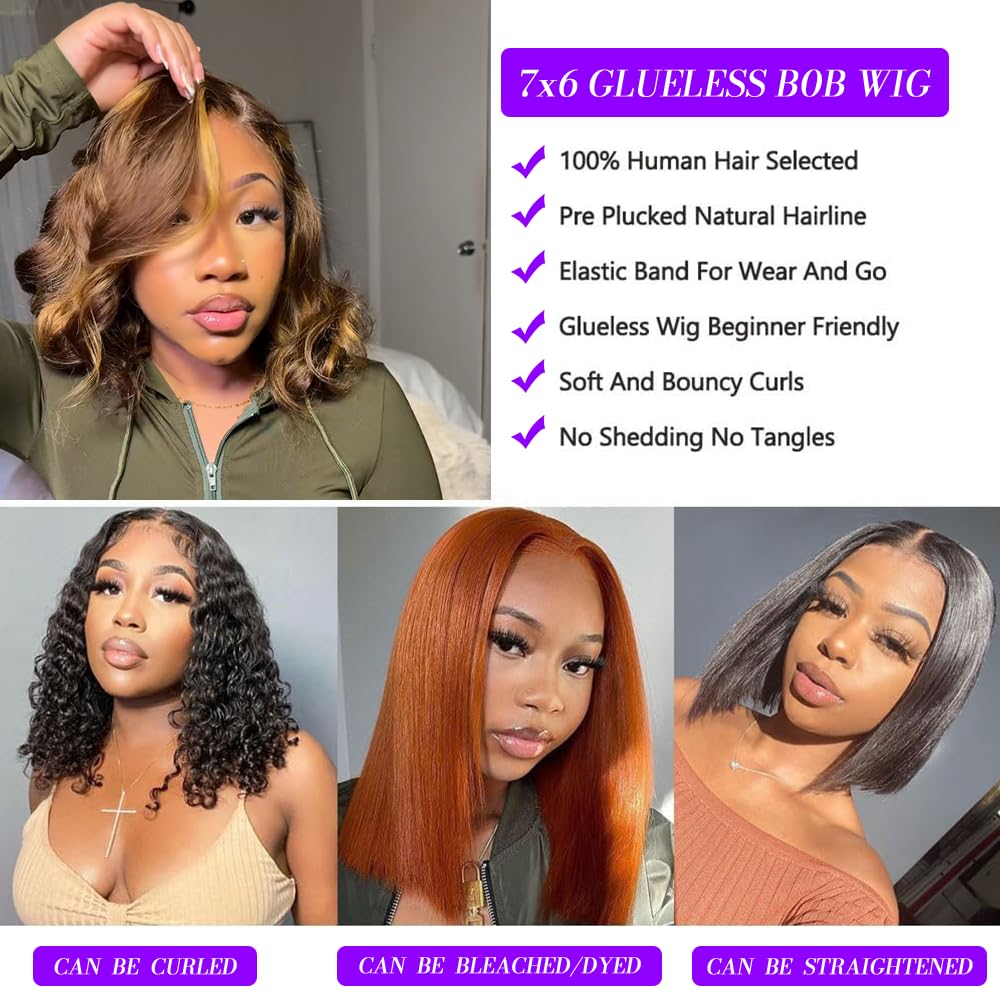 MENGLLE Body Wave Bob Wig Human Hair 7X6 Lace Front Wigs Pre Plucked Glueless Wear and Go Short Bob Wig Human Hair Pre Cut Natural Hairline Wigs for Black Women 14 Inch P4/27 Ombre Blonde
