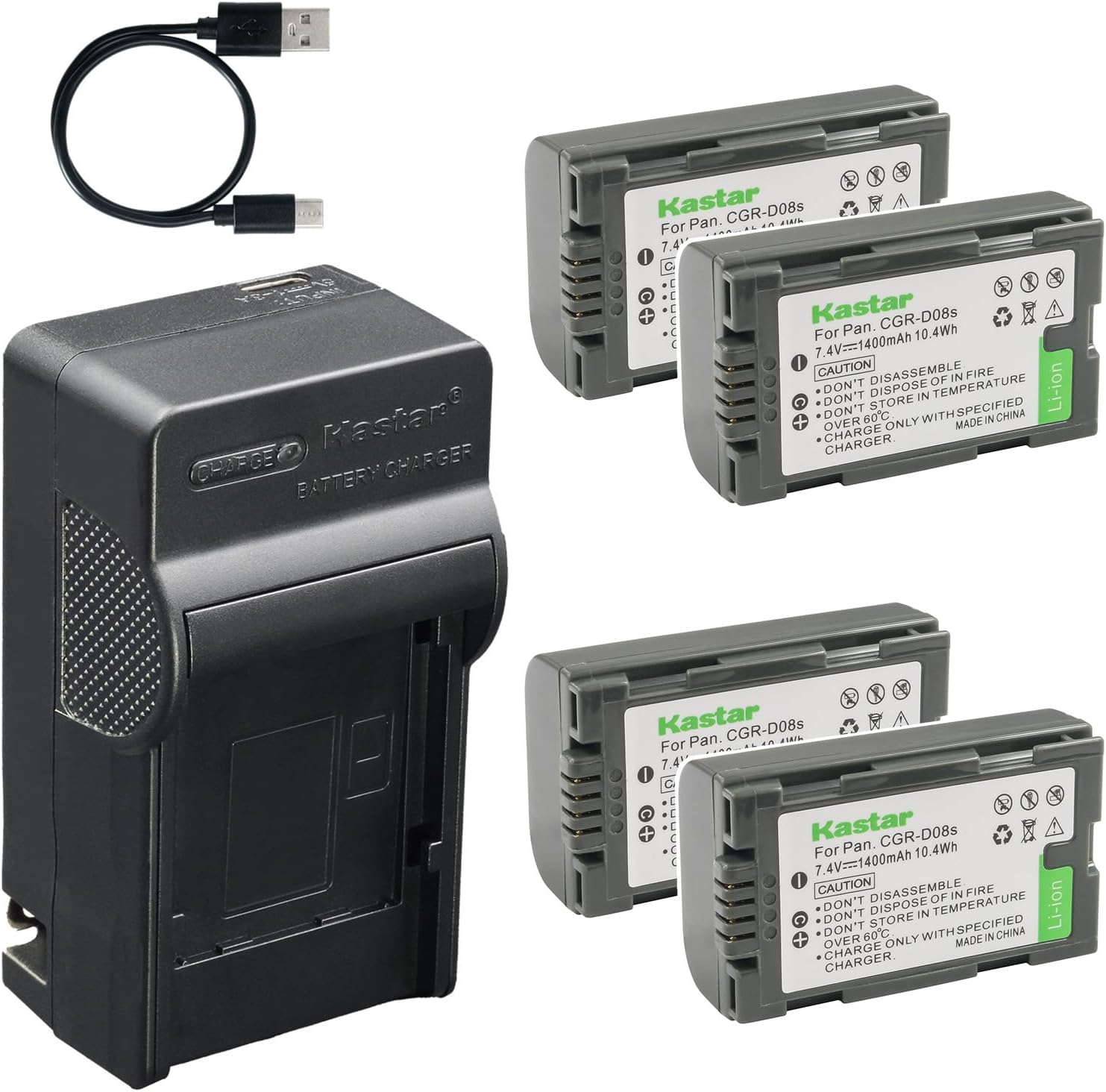 Kastar 4-Pack CGA-D08 Battery AC & USB-C Charger Replacement for Panasonic CGA-D07 CGR-D110 AG-DVX100 AG-HVX200 AG-HPX250 AG-DVC30 AG-DVC60 AG-DVC80 and Hitachi DZ-BP14 DZ-MV100 DZ-MV200 Camcorder