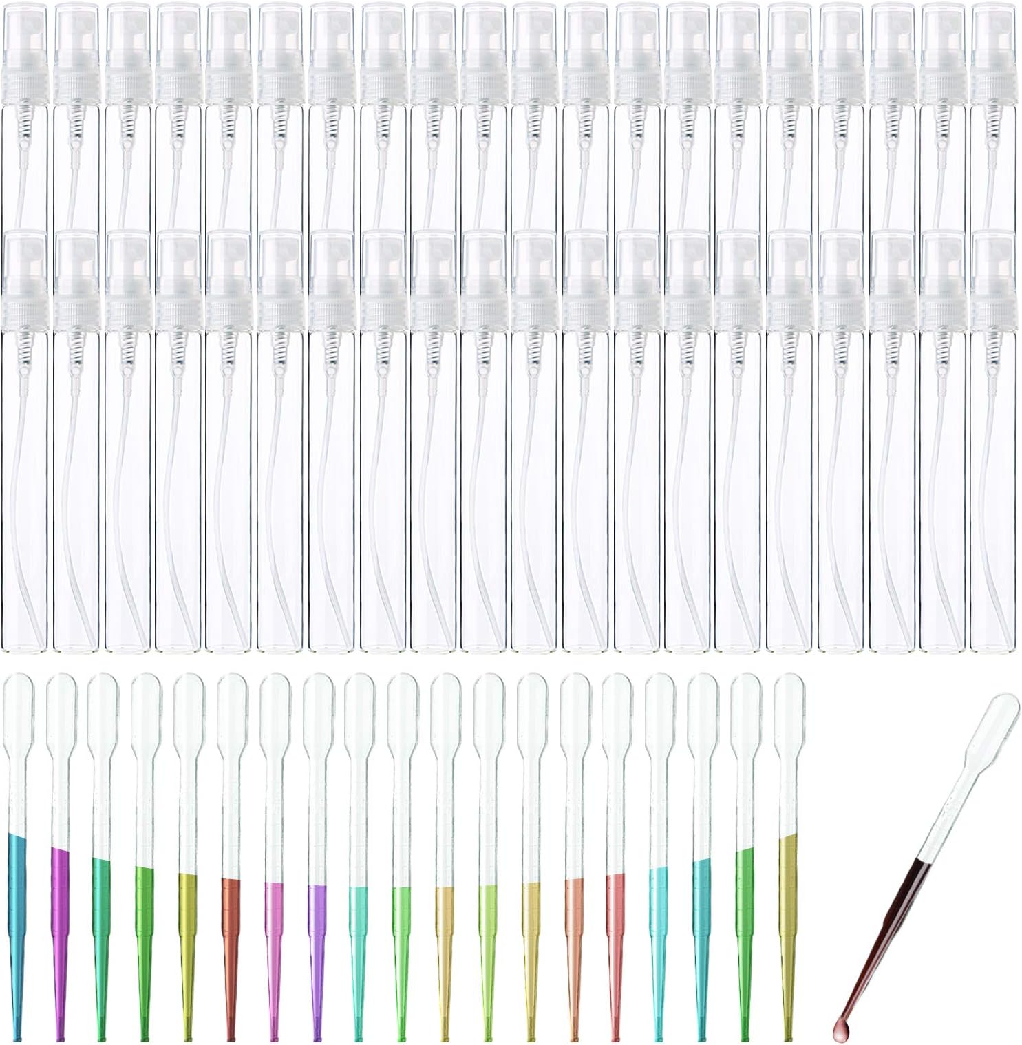 Yopay 80 Pack 10ml Mist Atomizer Glass Spray Perfume Bottles Set, Mini Empty Refillable Clear Glass Perfume Makeup Sprayer Tubes Containers for Travel Party (Including 60 Bottles and 20 Droppers)