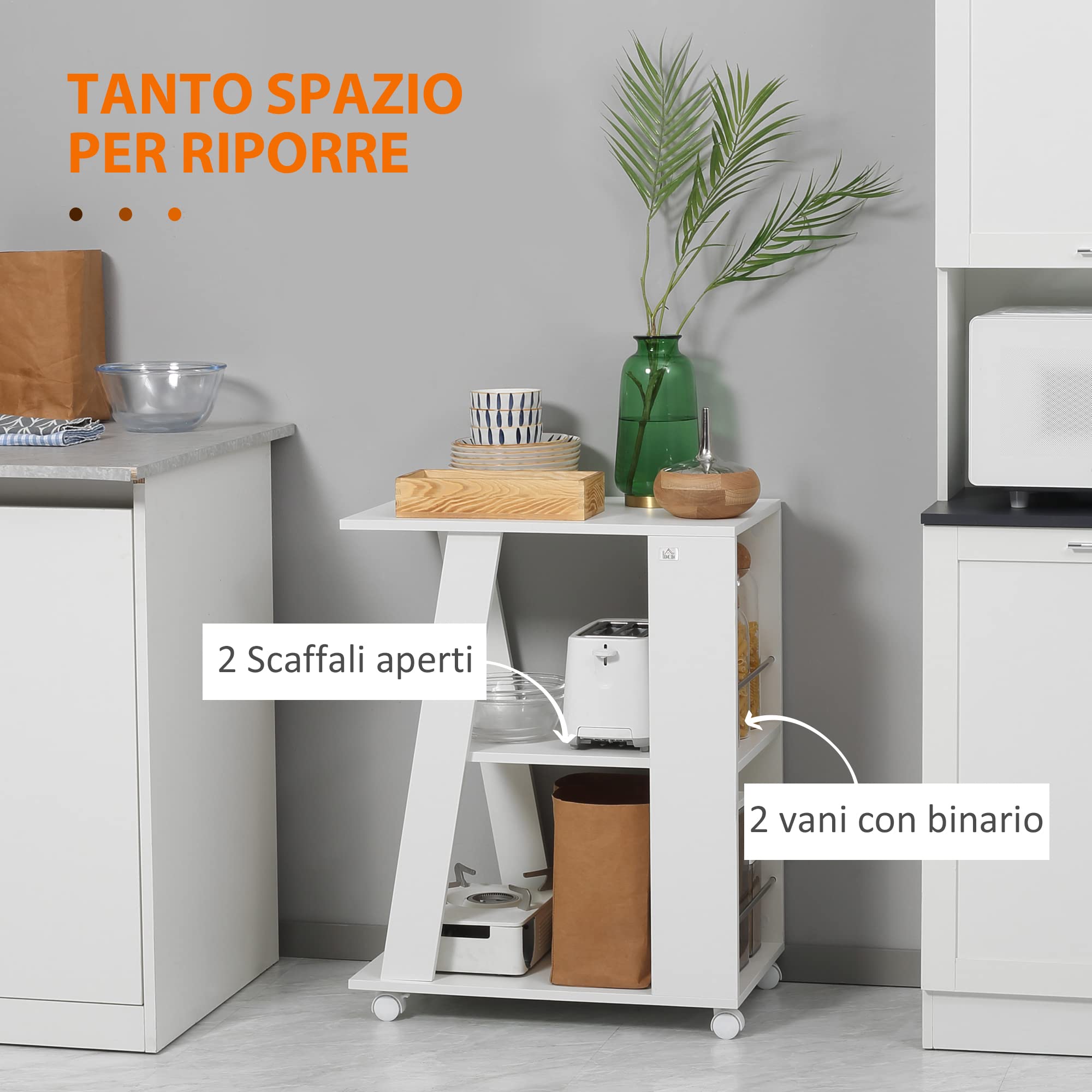 HOMCOM Carrello da Cucina in Legno con 2 Ripiani Aperti, Carrello Portavivande con Ruote Bloccabili, 60x38x77cm, Bianco