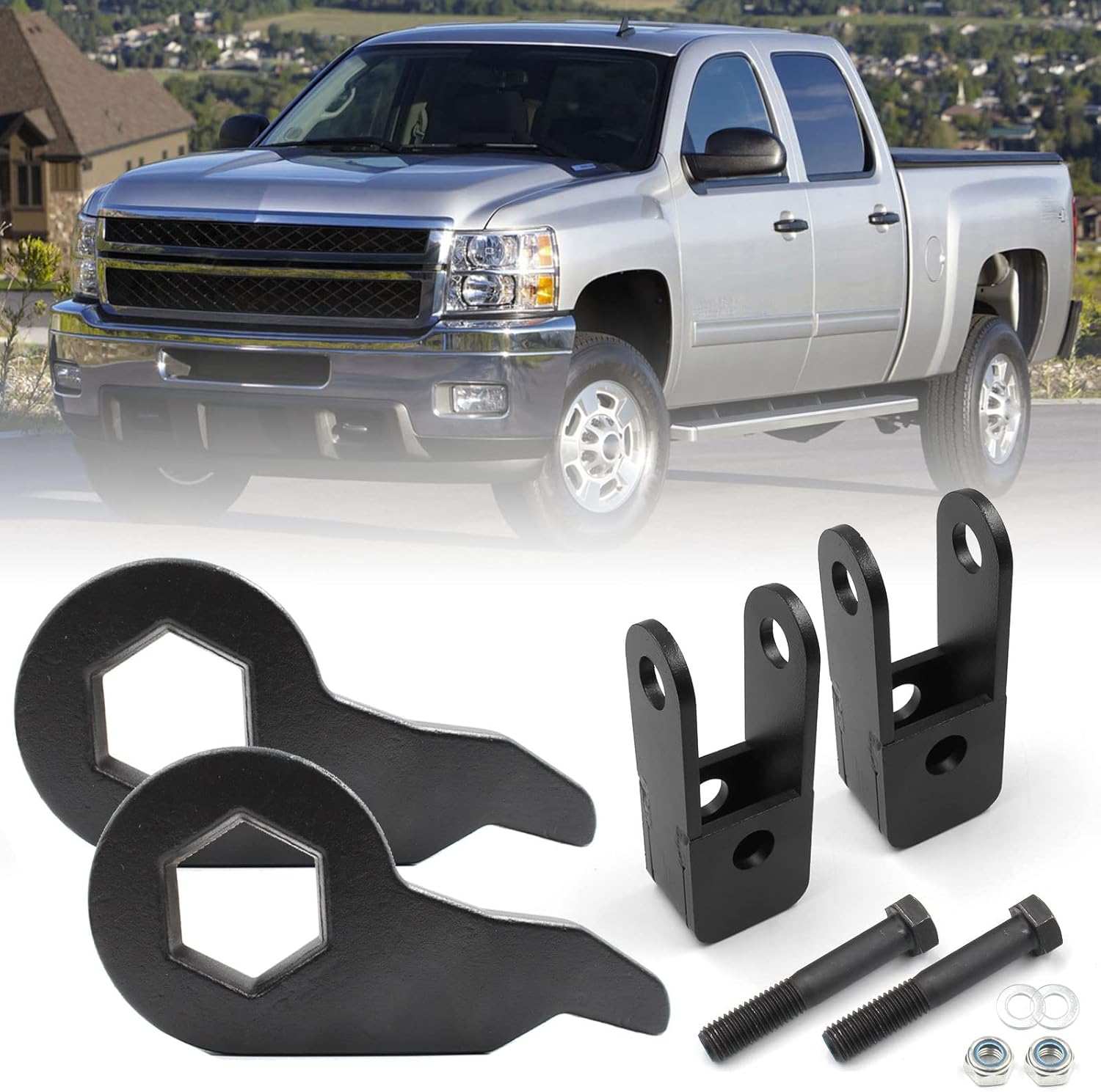 YZQPNB1-3 inch Leveling Lift Kit with Shock Extender Brackets Compatible with 1999-2007 Chevrolet Silverado 1500 Tahoe Avalanche & GMC Sierra Yukon 4WD Torsion Bars Keys