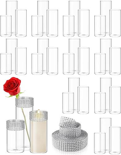 Miniatura 8 de Jarrón cilíndrico de vidrio transparente de varios tamaños centros de mesa con cinta de diamante de 6 filas y 5 yardas cinta de diamantes de