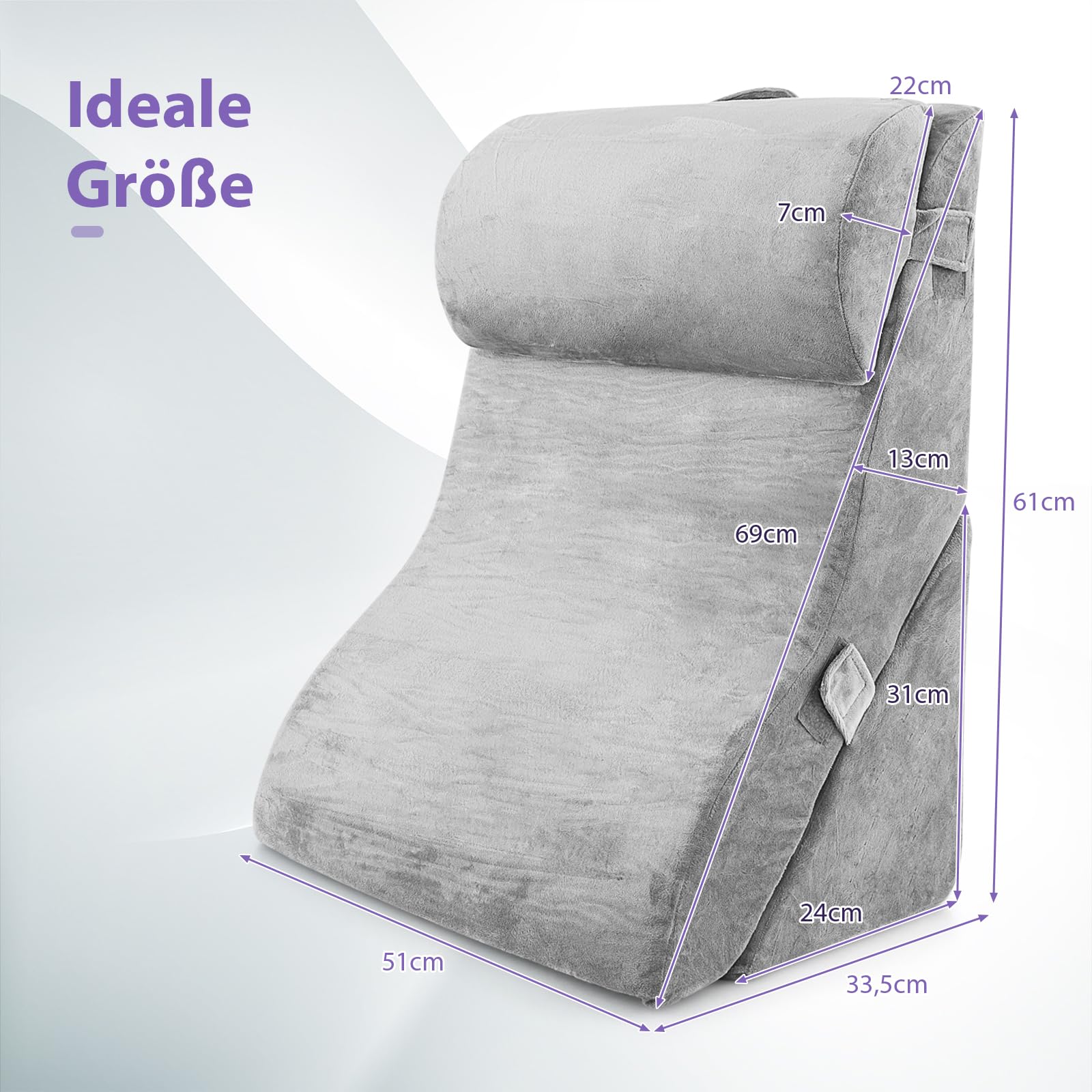 GOPLUS 3-teiliges Keilkissen-Set, Rückenkissen mit Abnehmbarer Nackenrolle & waschbarem Bezug, Rückenkissen mit Memory Foam, Rückenstütze, Lesekissen für Bett und Sofa (Grau)