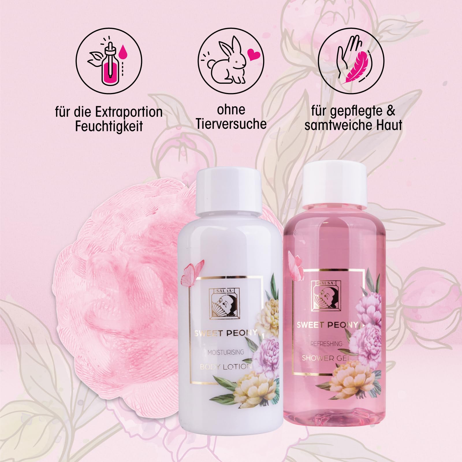 Accentra Zestaw prysznicowy dla kobiet, zestaw upominkowy Sweet PEONY w przepięknym drucianym koszu – 3-częściowy zestaw do pielęgnacji z żelem pod prysznic, balsamem do ciała i gąbką do kąpieli –