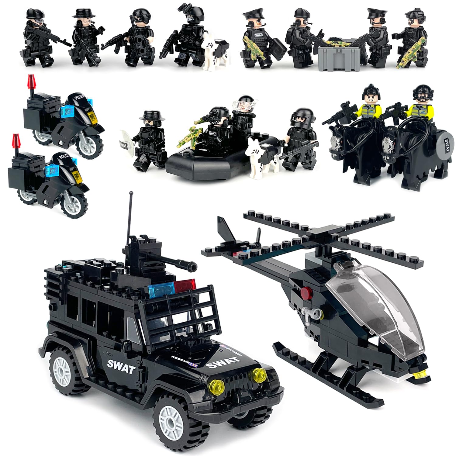 SWAT Set with 12 SWAT Officers, 2 Mounted Police with Horse – 1 Helicopter, 1 Armored SWAT SUV Vehicle,and 2 Motorcycle,Safe & Durable ABS – Great Gift for Kids, Boys, and Collectors