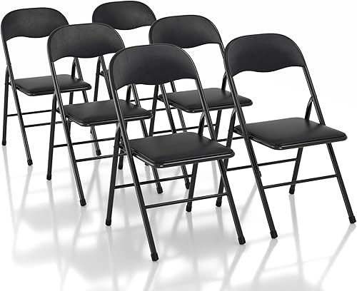 Miniatura 8 de VECELO Juego de 4 sillas plegables portátiles de metal con asientos acolchados de poliuretano suave para el hogar, oficina, fiesta, color negro