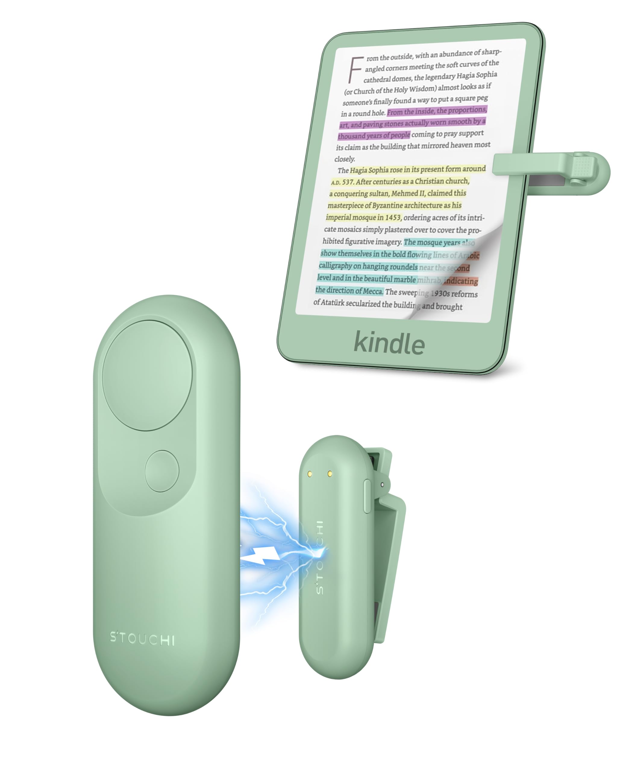 Stouchi 2 in 1 Magnetic Kindle Clicker Control Ergonomico per Kindle Paperwhite Colorsoft Oasis Scribe eReader iPad Tablet con Cinturino da Polso-Matcha