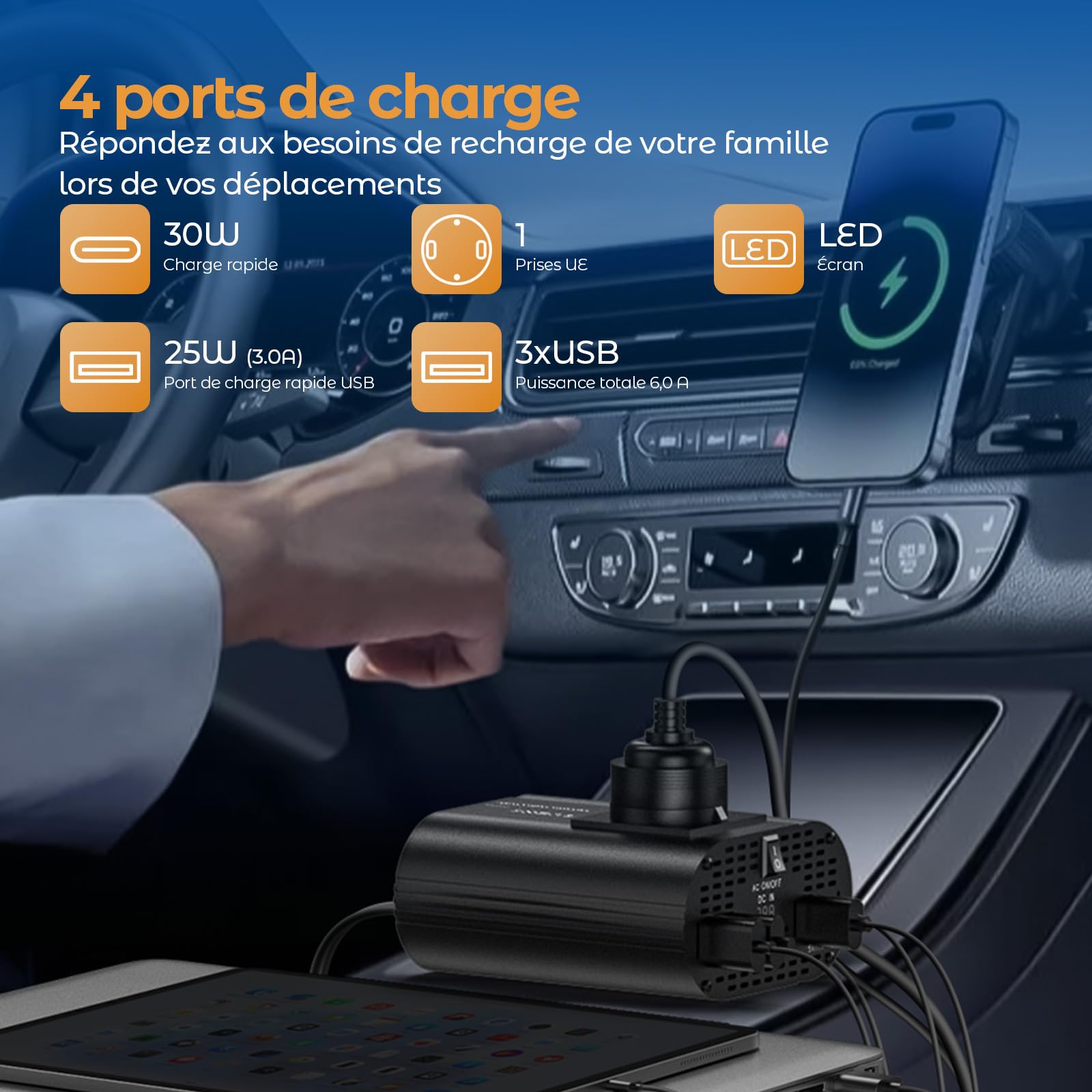 300w convertisseur 12v 220v, onduleur 12v 220v avec 1 Prise, Type C 30W, Charge Rapide USB 25W, 3 Ports USB, Affichage LED