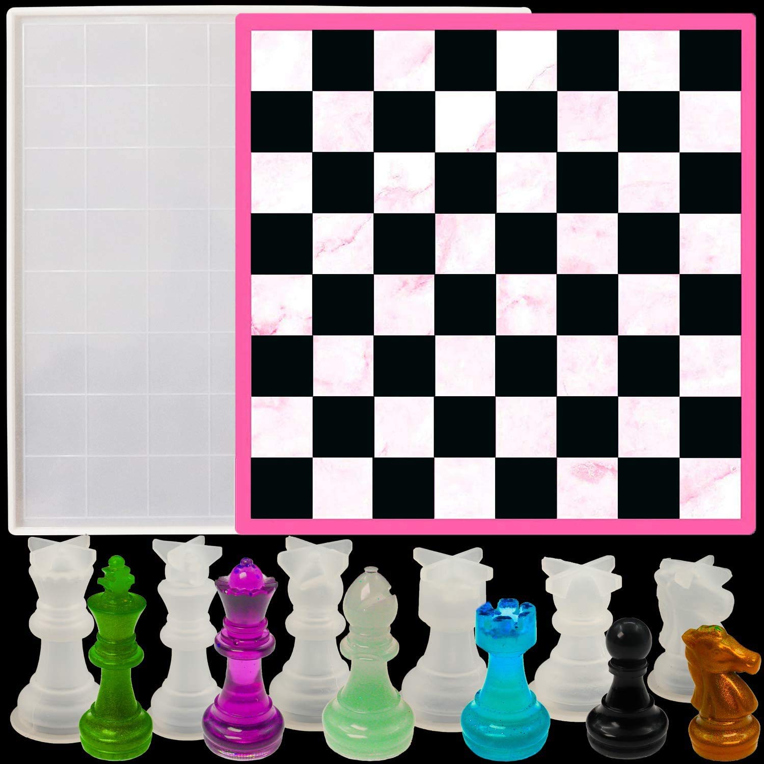 Chess Board Resin Mold Set, 1 Pcs Large Checker Board Epoxy Casting Mold with 6 Pcs 3D Chess Pieces Silicone Molds for DIY Art Crafts Jewelry Making