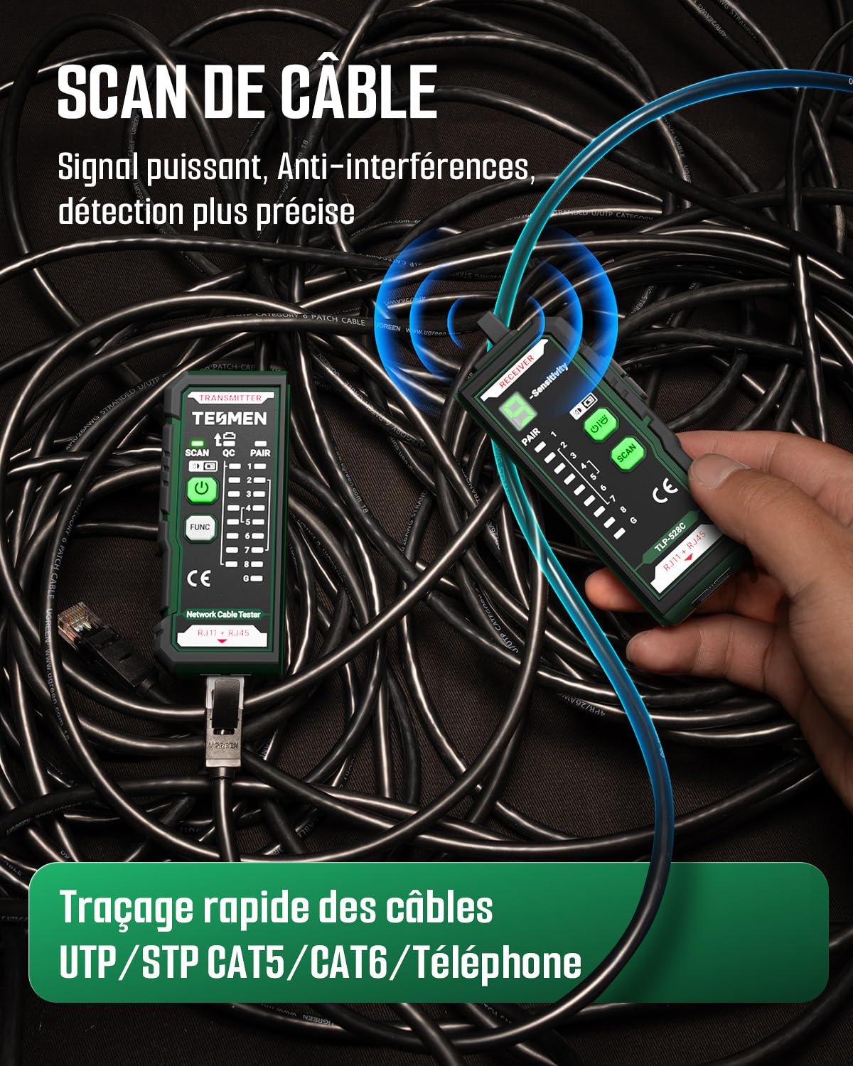 TESMEN TLP-528C Testeur de câbles réseau, RJ11/RJ45, détecteur Ethernet CAT5/CAT6 avec test de continuité & QC, localisateur LAN et téléphonique, idéal pour maintenance des câbles – Vert