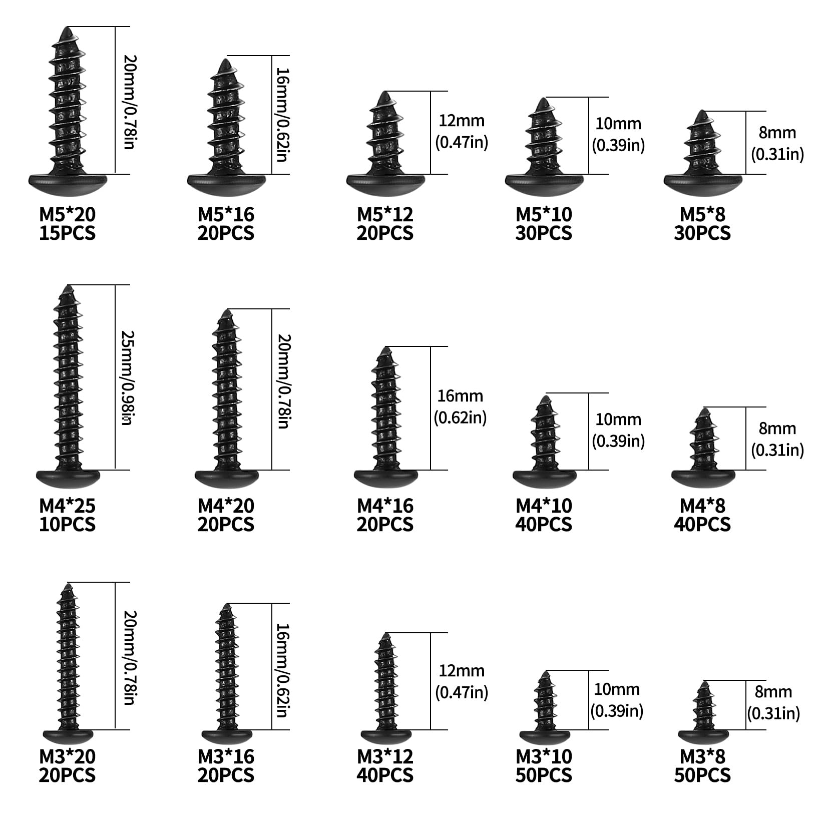 425 Pcs Large Round Self Tapping Screws, M3 M4 M5 Black Wood Screws Assortment - Image 2
