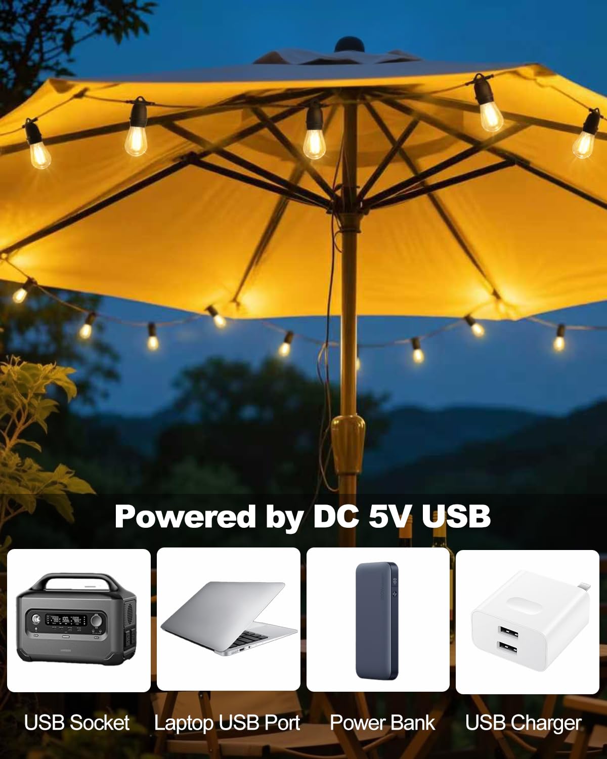 BRIMAX Guirlande lumineuse d'extérieur de 7.6 m, alimentée par USB,Ajoutez une ambiance chaleureuse à votre site de camping,Légère et assez lumineuse pour cuisiner des ampoules S14 incassables
