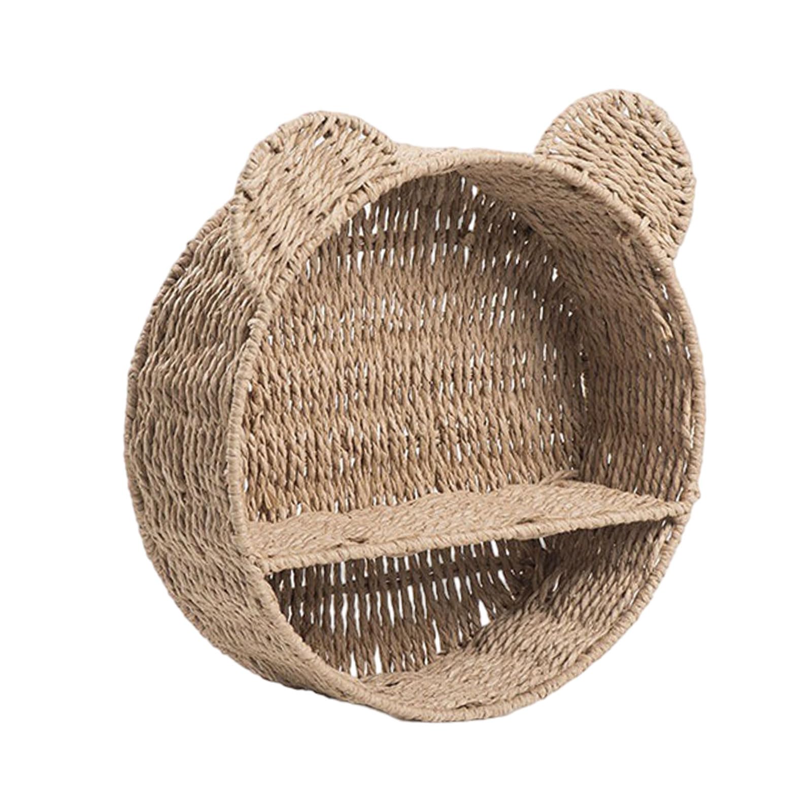 Elnwnnkc Cartoon Bear Ear Floating Shelves Round Shape Rattan Woven Wall Shelf Hanging Storage Basket Plant Rack Home Decors